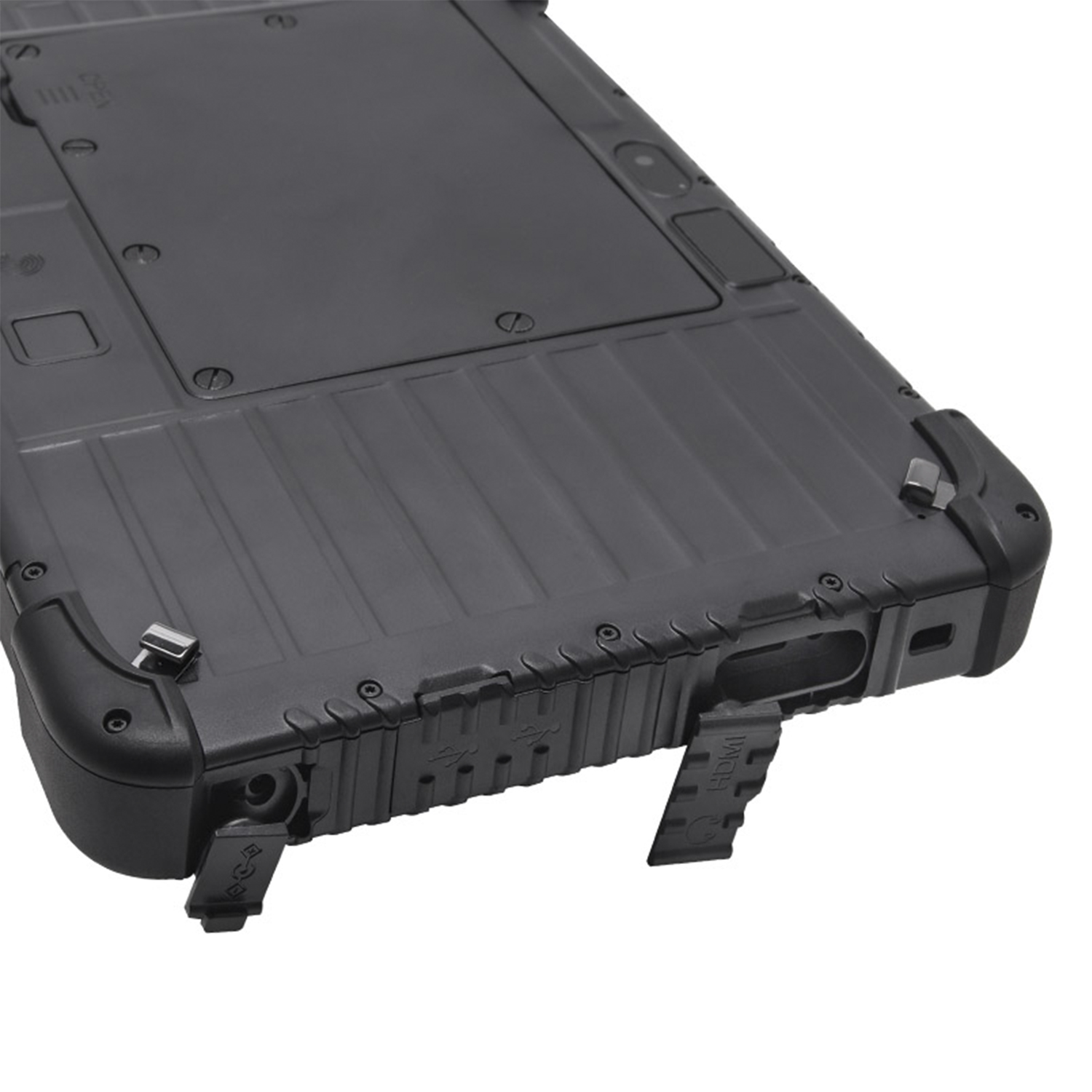 Tablet nero robusto, con porte e una vista parziale della sua parte inferiore.