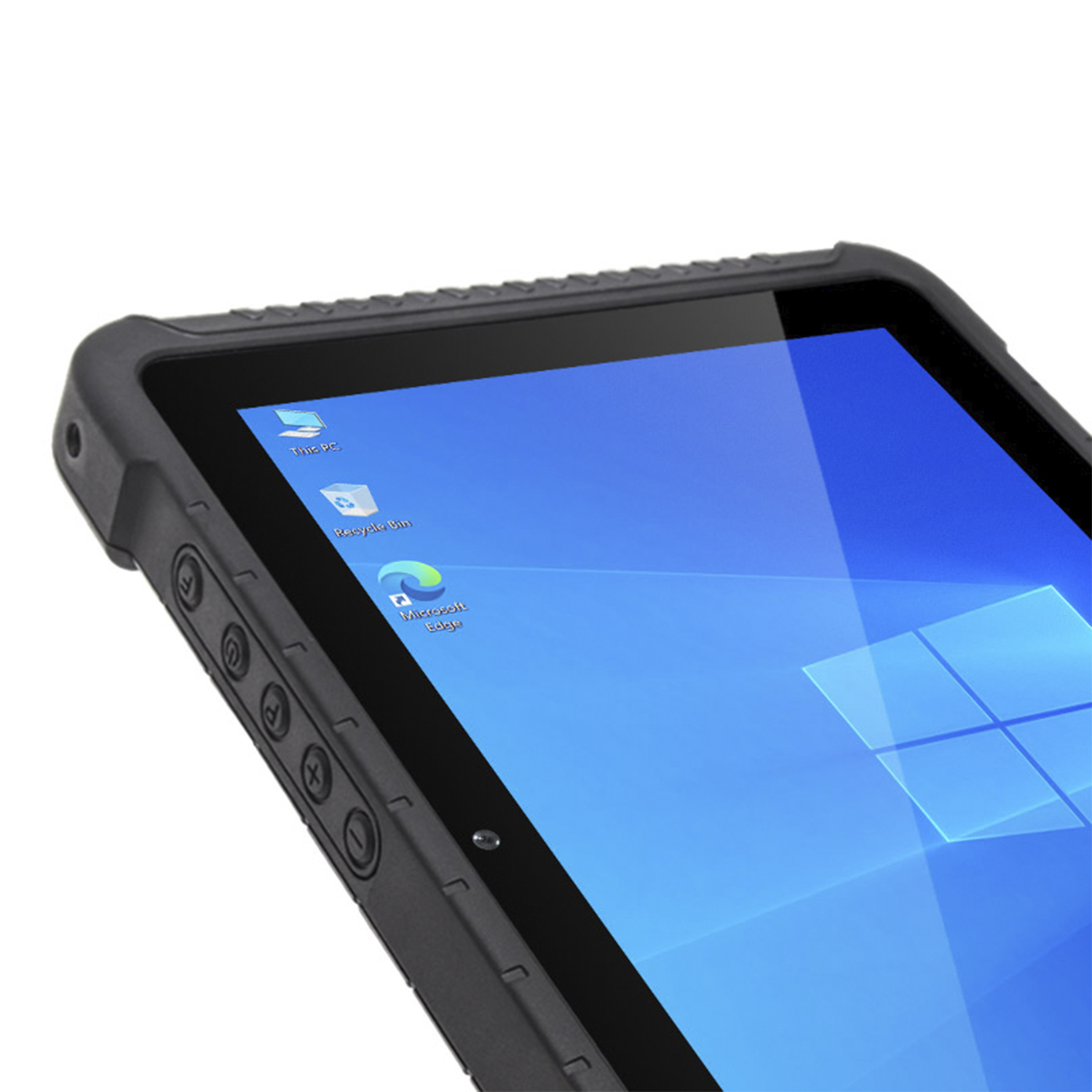 Primo piano di un tablet con custodia nera robusta e schermo con interfaccia Windows.
