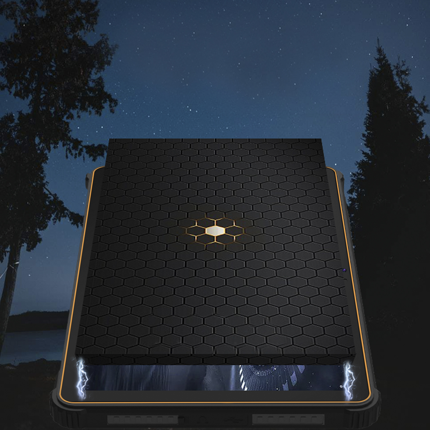 Schwarzes, robustes Tablet mit sechseckigem Design auf der Rückseite und einem leuchtenden Licht.