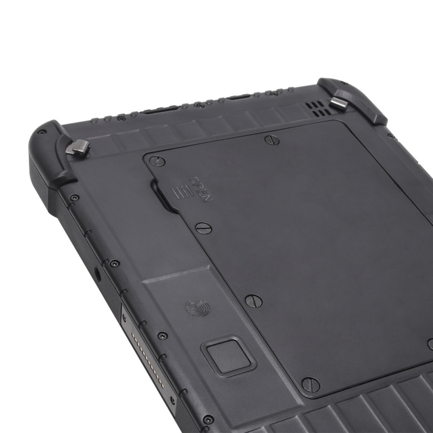 Tablet nero con pannello posteriore chiuso, viti visibili.