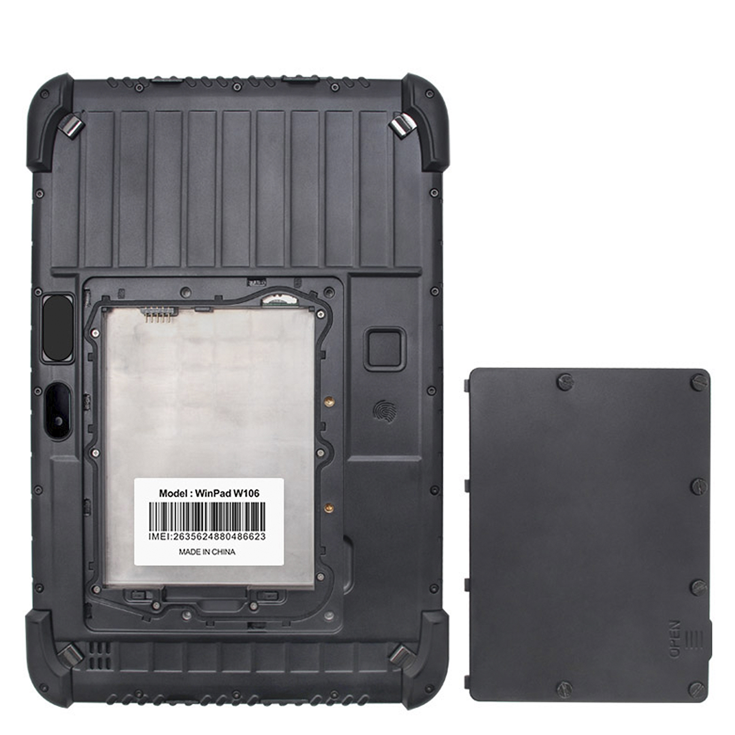 Un tablet con custodia nera e copertura staccata. Il tablet è nero e ha un'etichetta bianca.