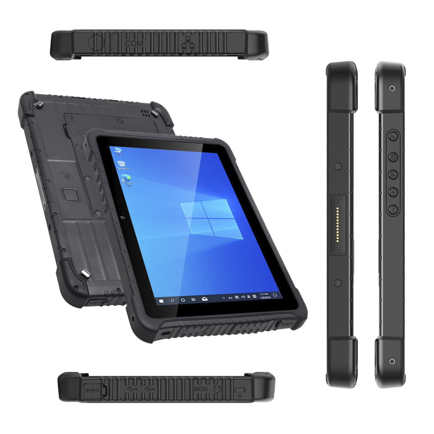 Tablet nero robusto. Più viste mostrano porte e lati.