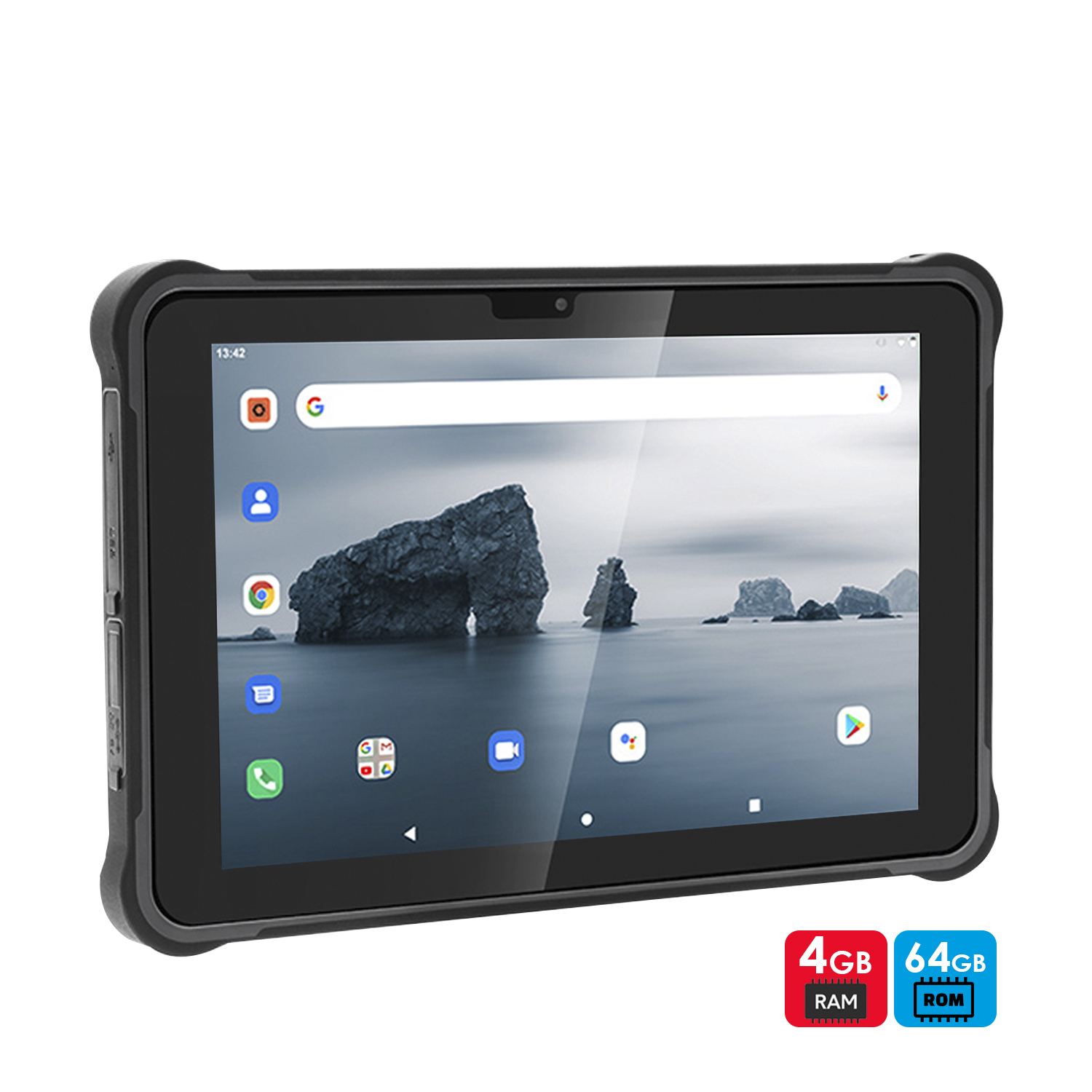 Ein schwarzes Tablet zeigt eine Oberfläche mit Symbolen an. Es hat 4 GB RAM und 64 GB ROM.