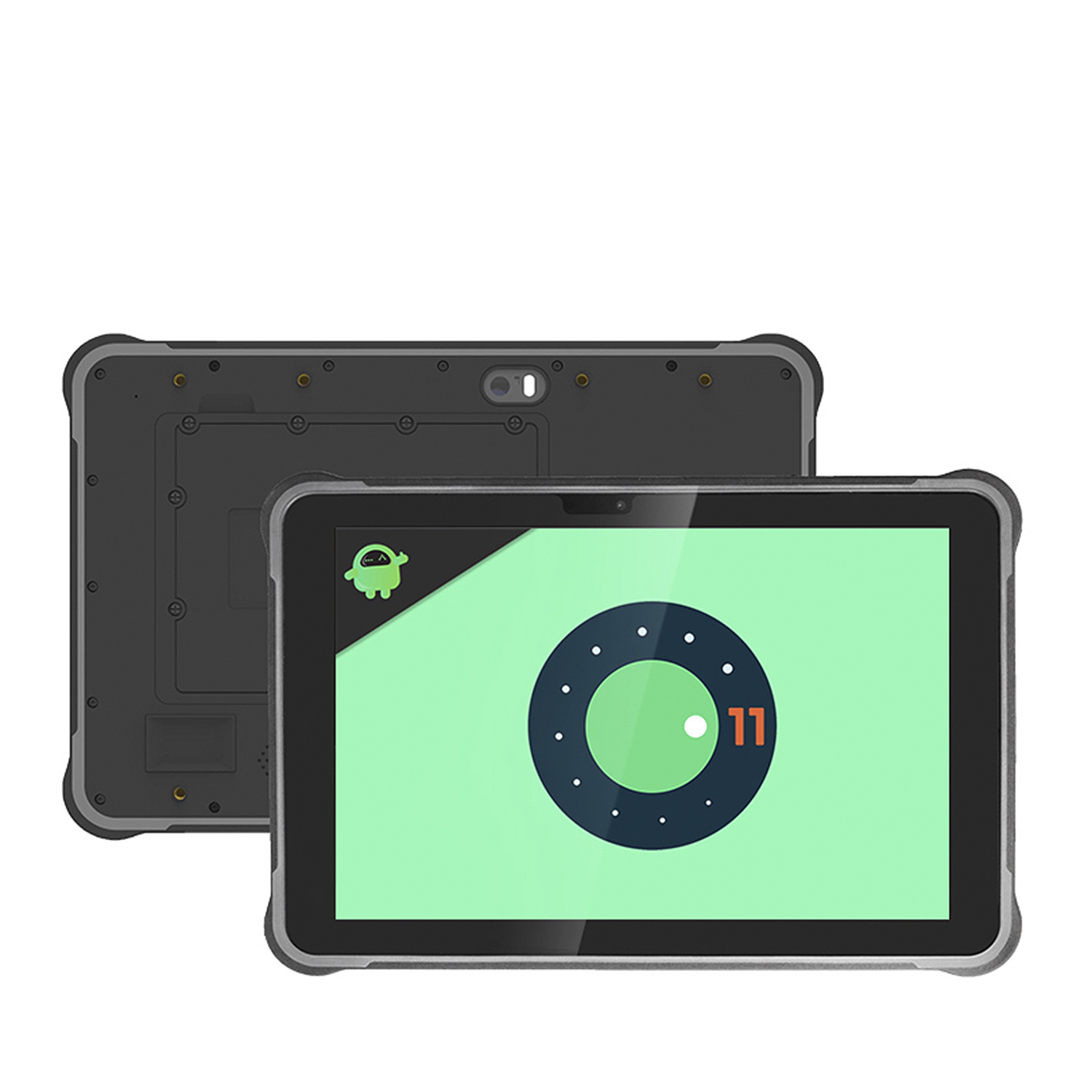 Zwei graue Tablets auf weißem Untergrund. Eines zeigt ein Android-Logo. Die Rückseite des anderen ist sichtbar.
