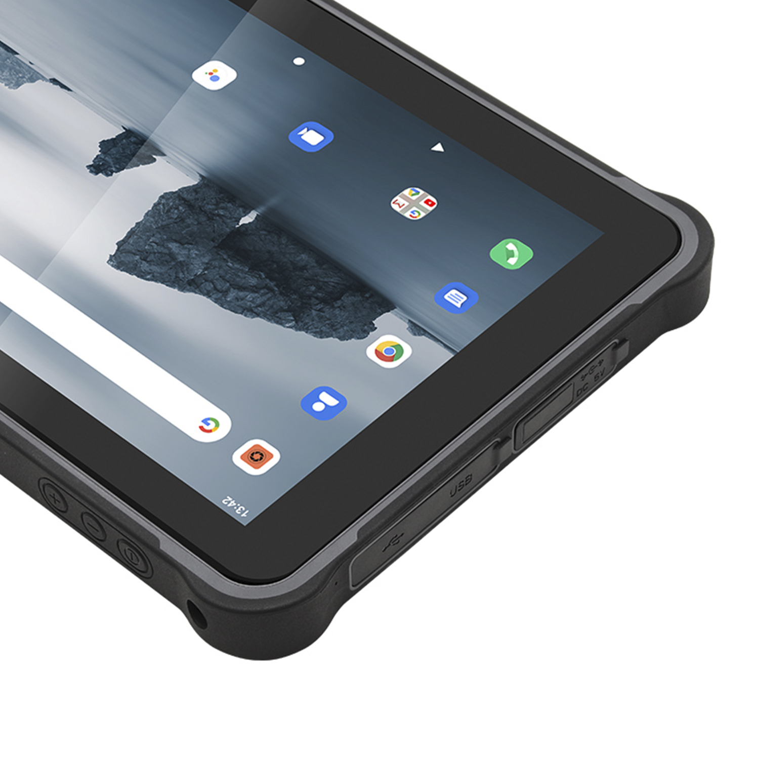 Tablet mit schwarzem Gehäuse, zeigt App-Symbole auf dem Bildschirm.