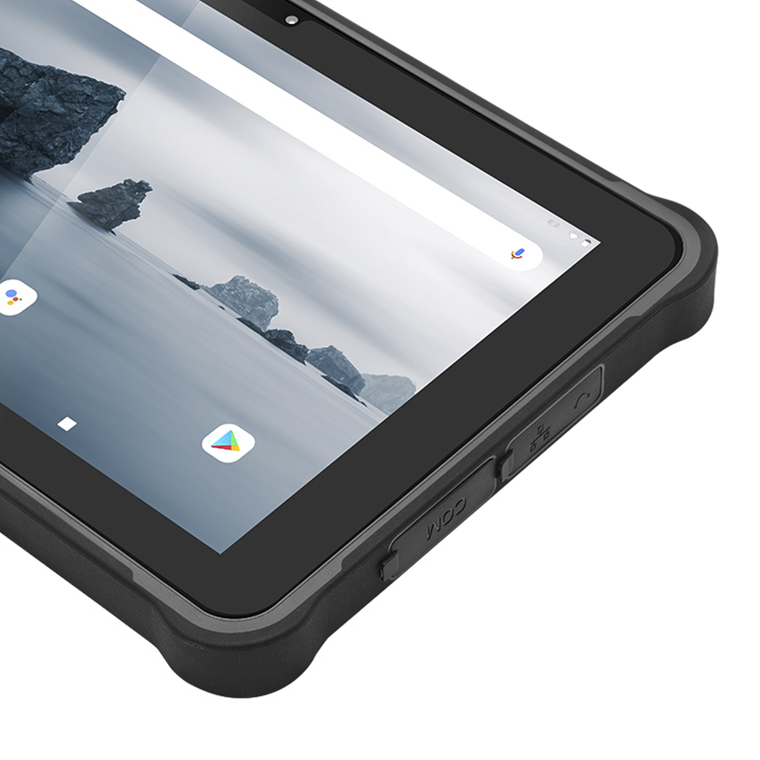 Tabletecke mit Bildschirm und Tasten, in einem schwarzen Rahmen.