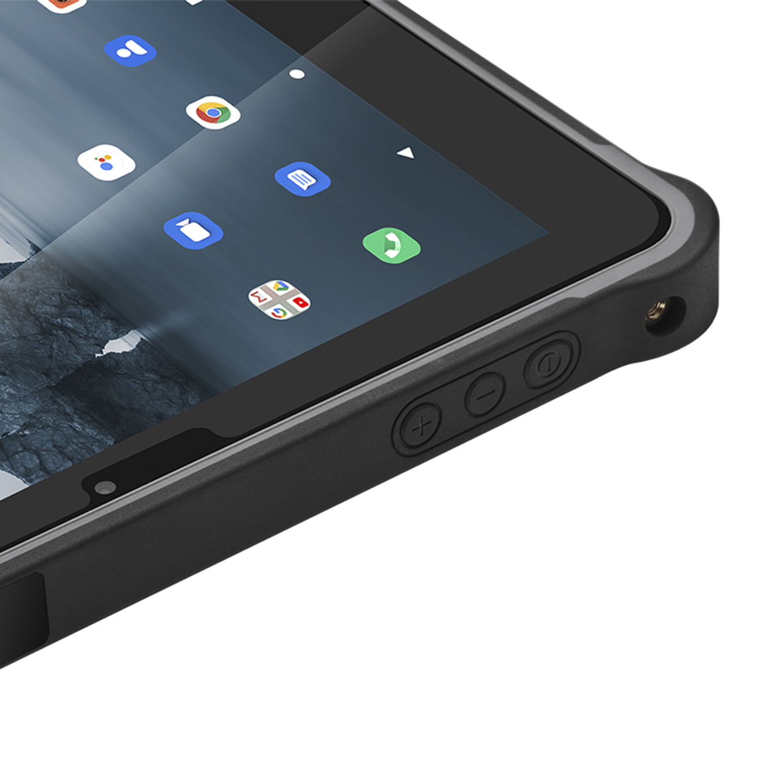 Nahaufnahme einer schwarzen Tablet-Ecke. Sichtbar: Ein-/Aus- und Lautstärketasten sowie App-Symbole auf dem Bildschirm.