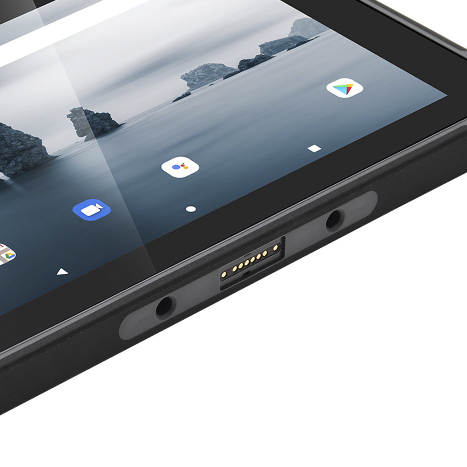 Schwarzes Tablet. Ladeanschluss und zwei Anschlüsse. Schwarzer Rahmen, weißer Hintergrund.
