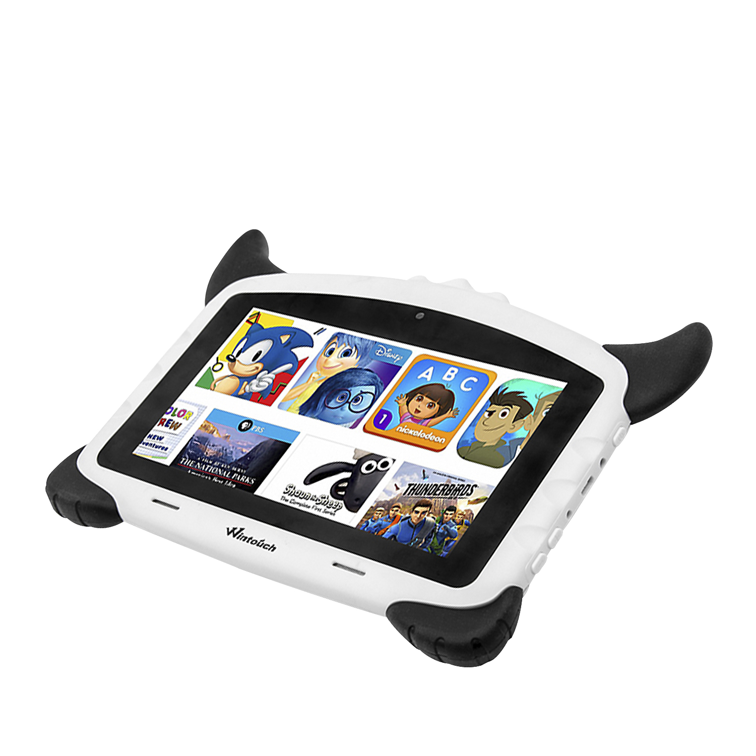 Un tablet bianco con icone di giochi di cartoni animati sullo schermo. Il tablet ha maniglie nere a forma di corno.