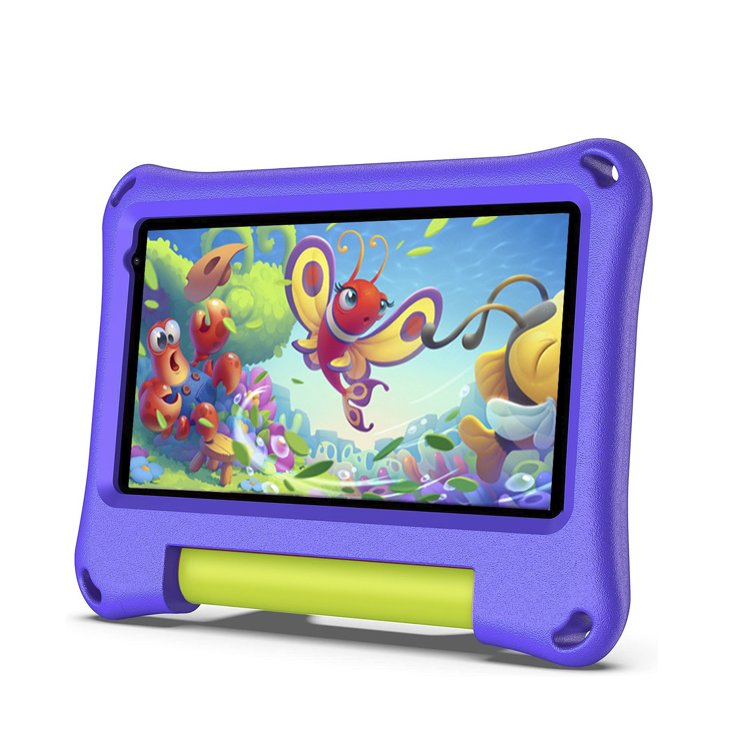 Un tablet viola in una custodia protettiva. Lo schermo mostra una scena a cartoni animati.