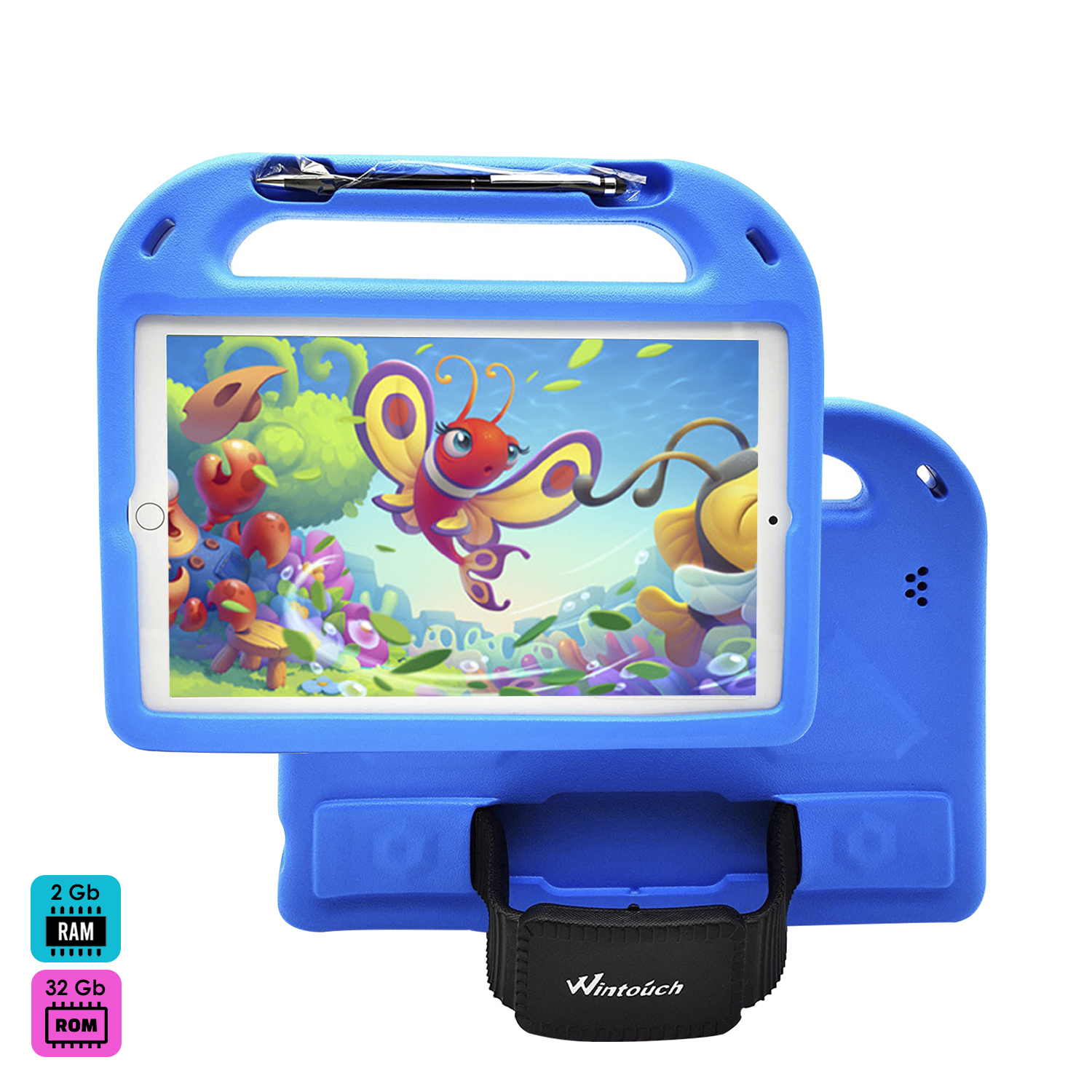 Tablet blu in una custodia blu con manici e pennino.