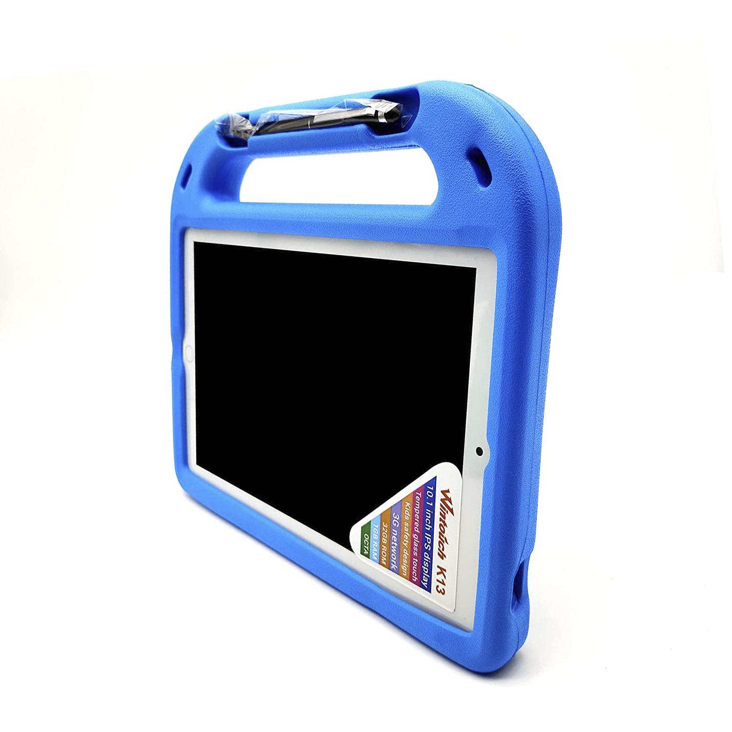 Una custodia blu per tablet con maniglia, il tablet all'interno ha uno schermo nero.