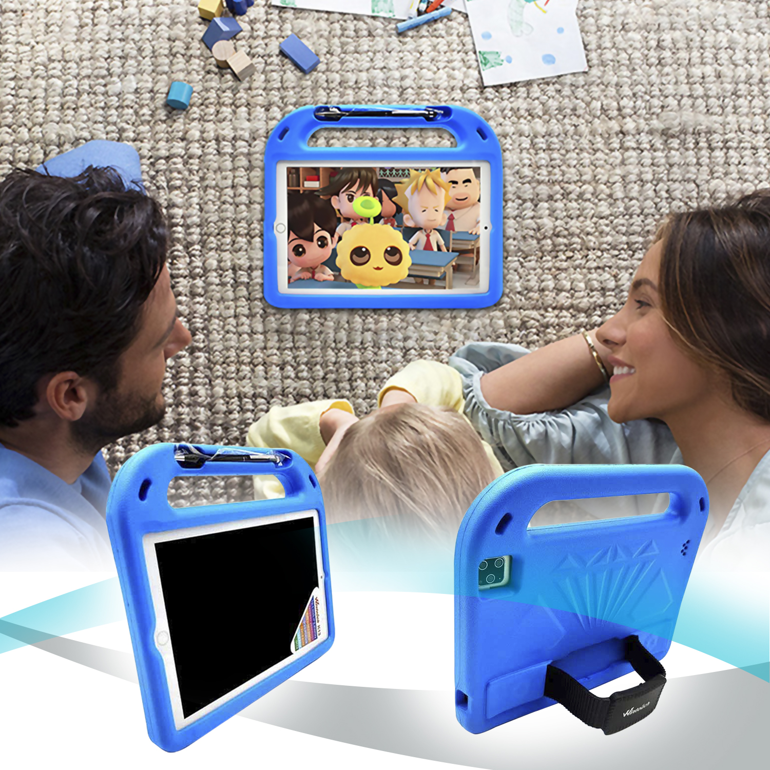 Genitori e un bambino interagiscono con tablet, uno mostra un cartone animato. Altri tablet visibili.