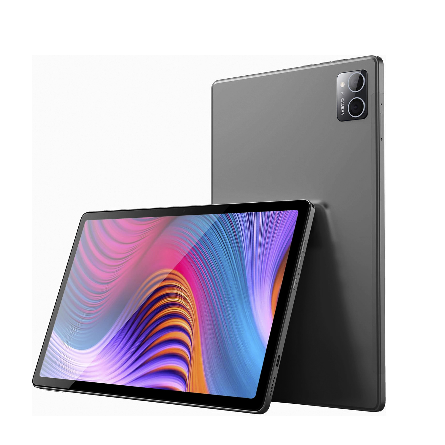 Due tablet grigi. Uno è di lato, l'altro è angolato verso lo spettatore. Sfondo bianco, schermo colorato.