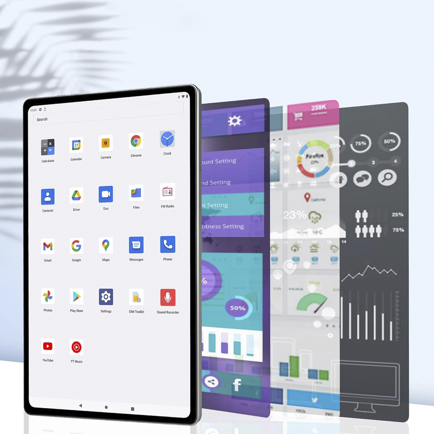 Tablet con icone di app che mostrano app come calcolatrice, calendario e altre. Sono visibili più schermi.