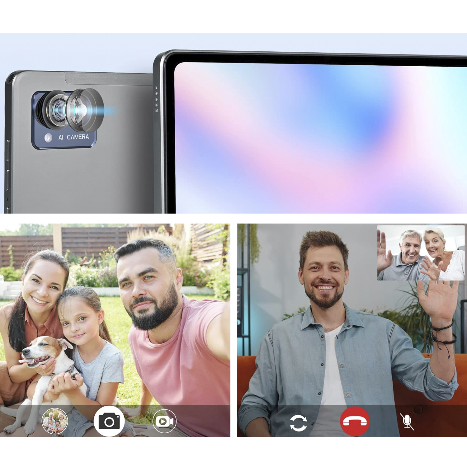 Un collage di immagini che mostra un tablet con fotocamera, videochiamata e foto di famiglia.