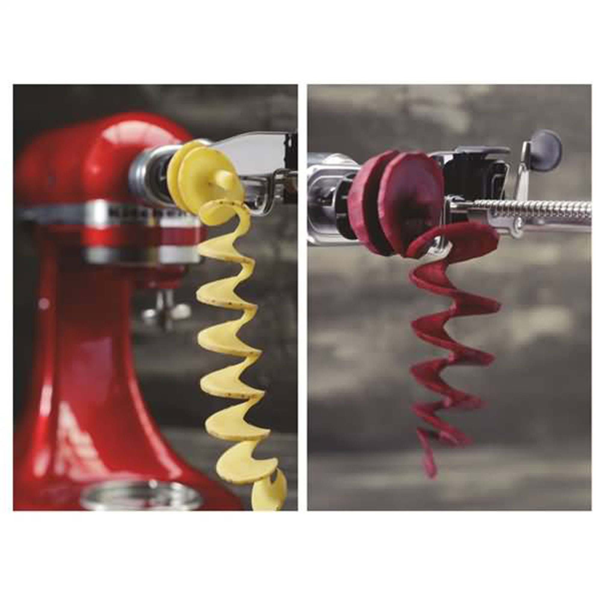 Kartoffel- und Rübenspiralen mit KitchenAid-Aufsatz. Roter Küchenmixer. Nahaufnahme.