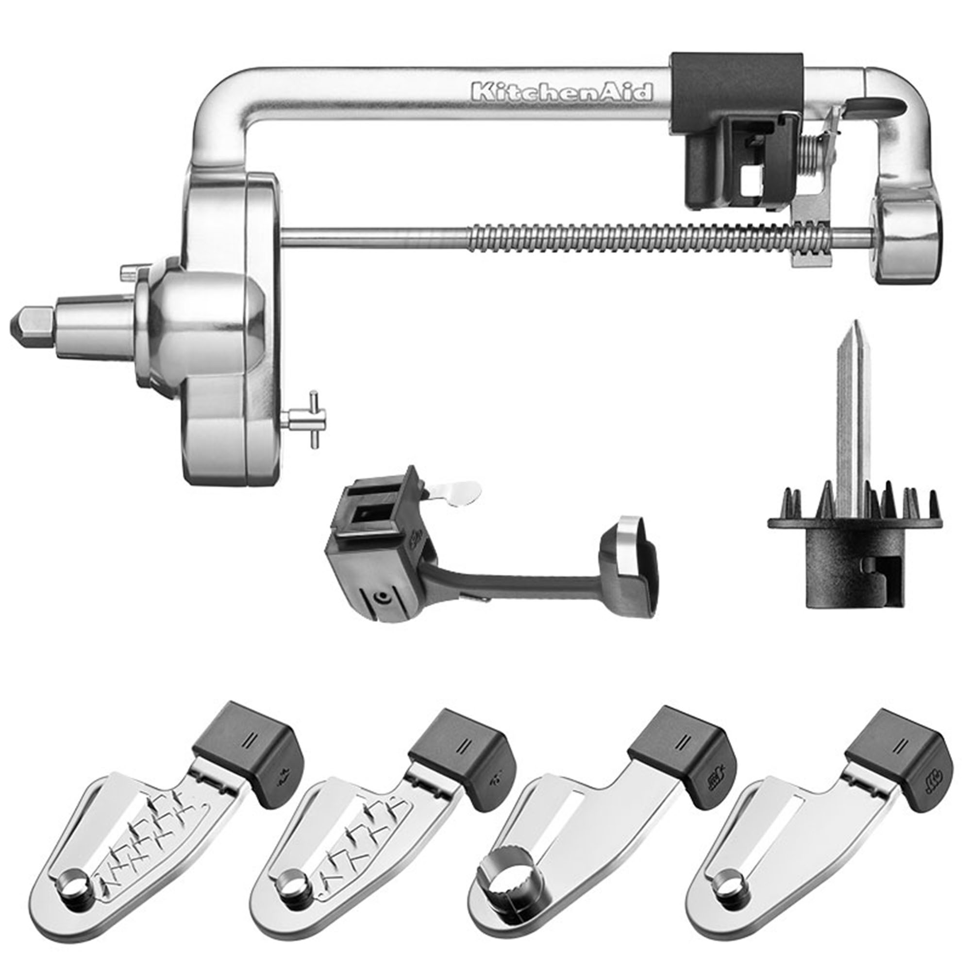 KitchenAid-Spiralschneider-Aufsätze. Verschiedene Klingen und Komponenten zur Speisenzubereitung.