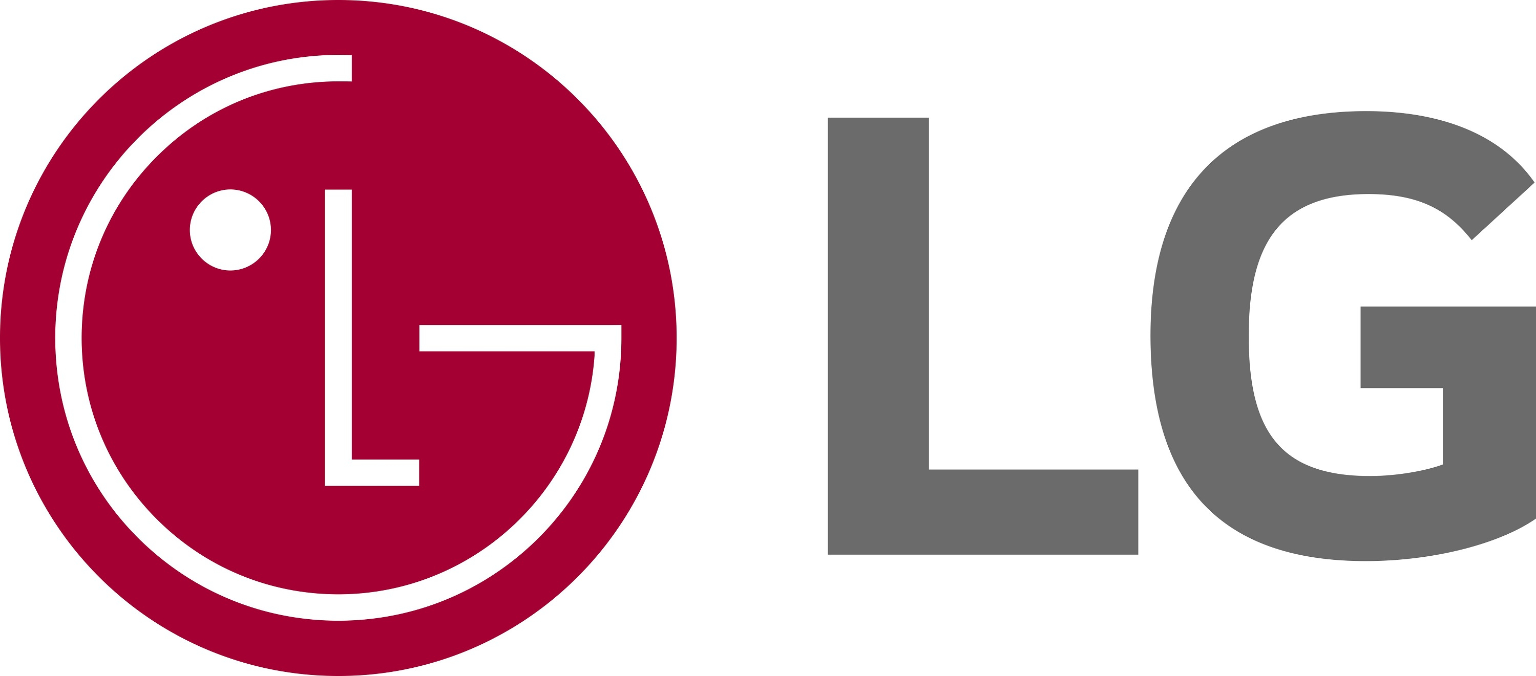 Logo LG: czerwone koło z białym L i szarym LG obok.