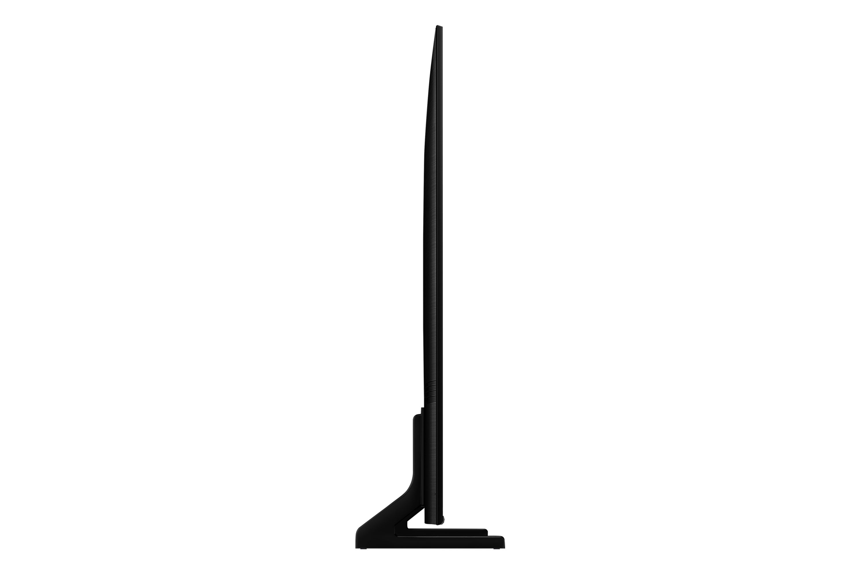 Telewizor Samsung QLED wyświetlający różowo-biały obraz abstrakcyjny. Stoi na czarnej podstawie.