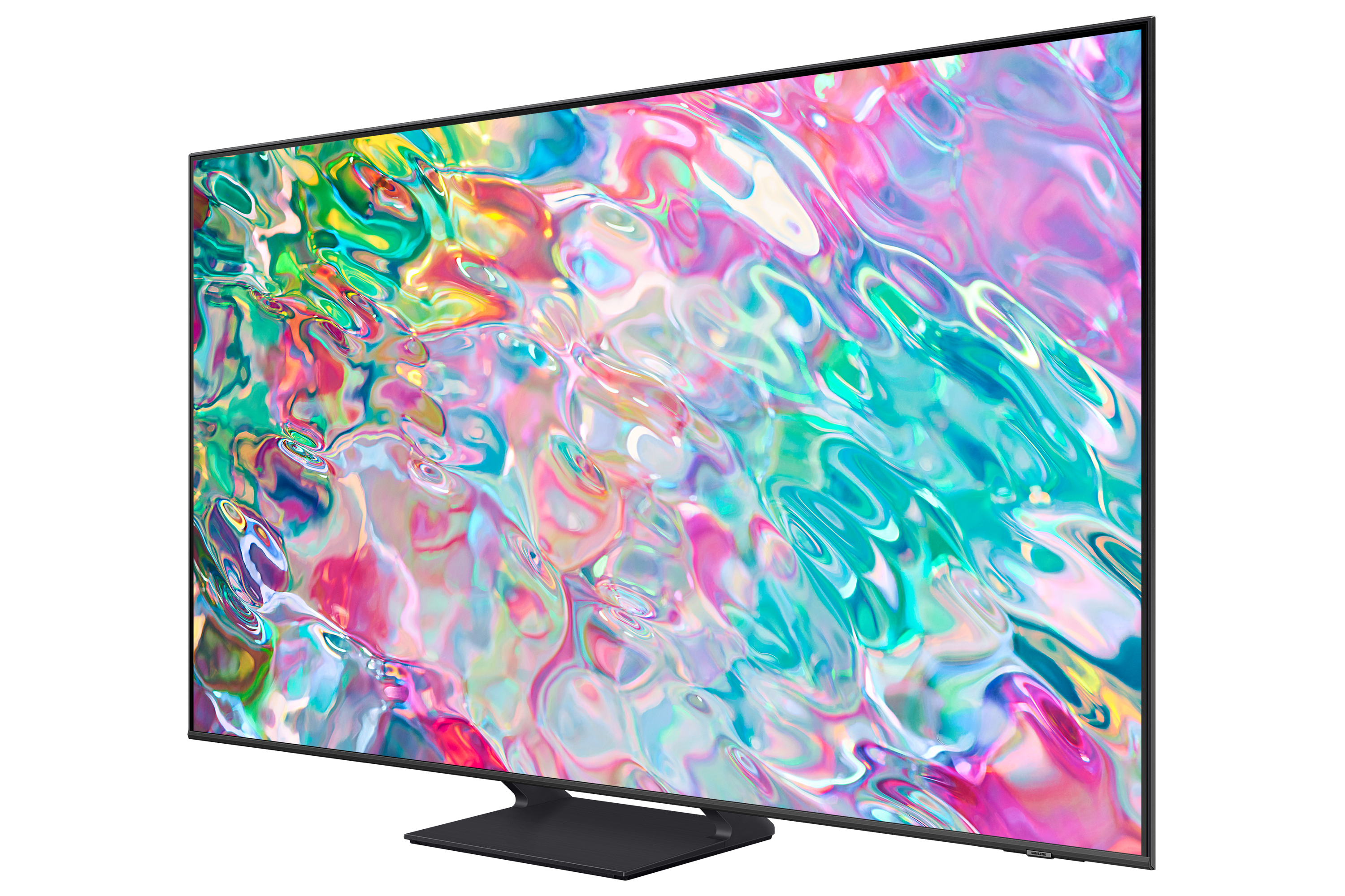 Nowoczesny telewizor z kolorowym obrazem, z czarnym stojakiem, widokiem z boku.