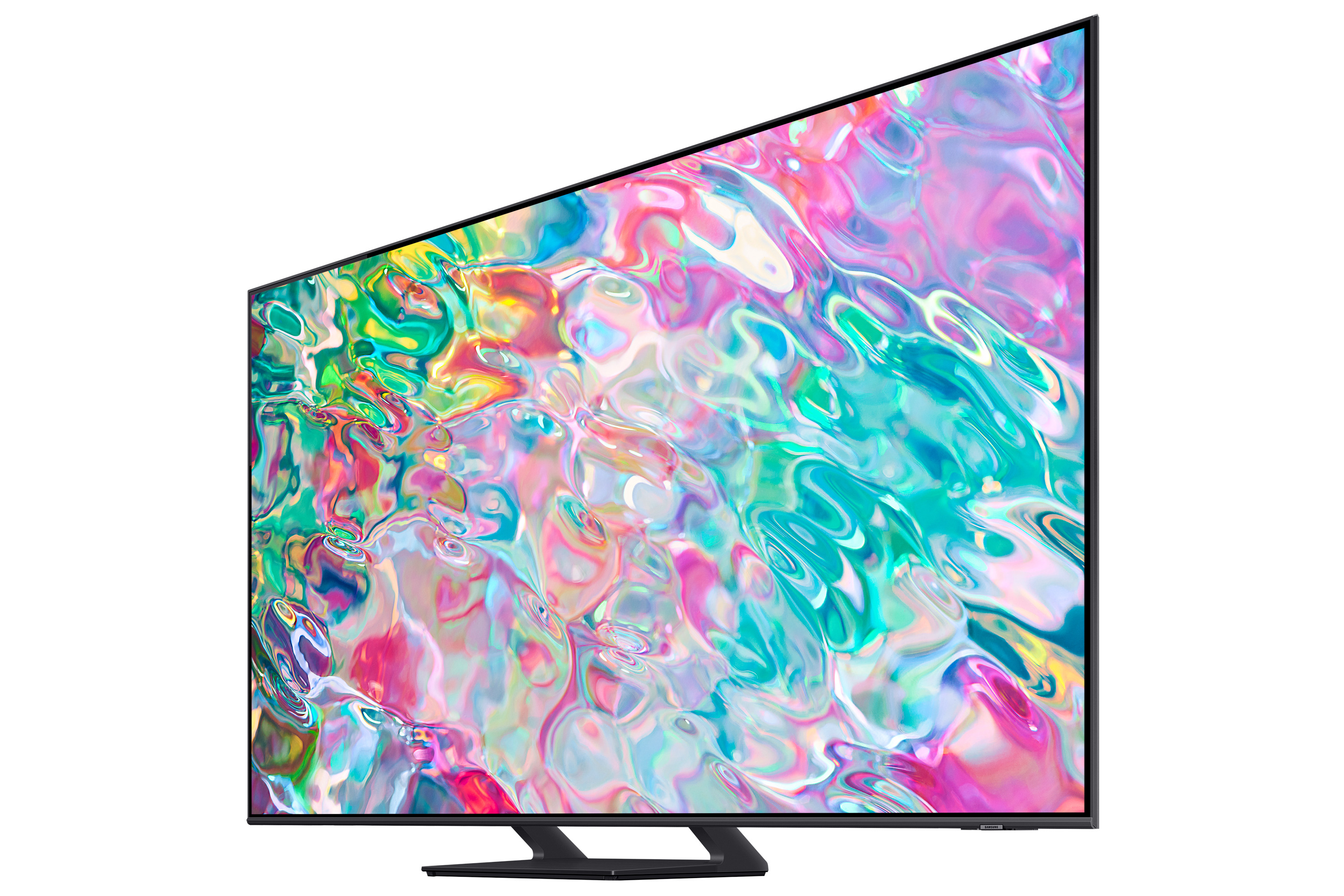 Duży, pochylony telewizor z kolorowym, abstrakcyjnym wyświetlaczem na białym tle.