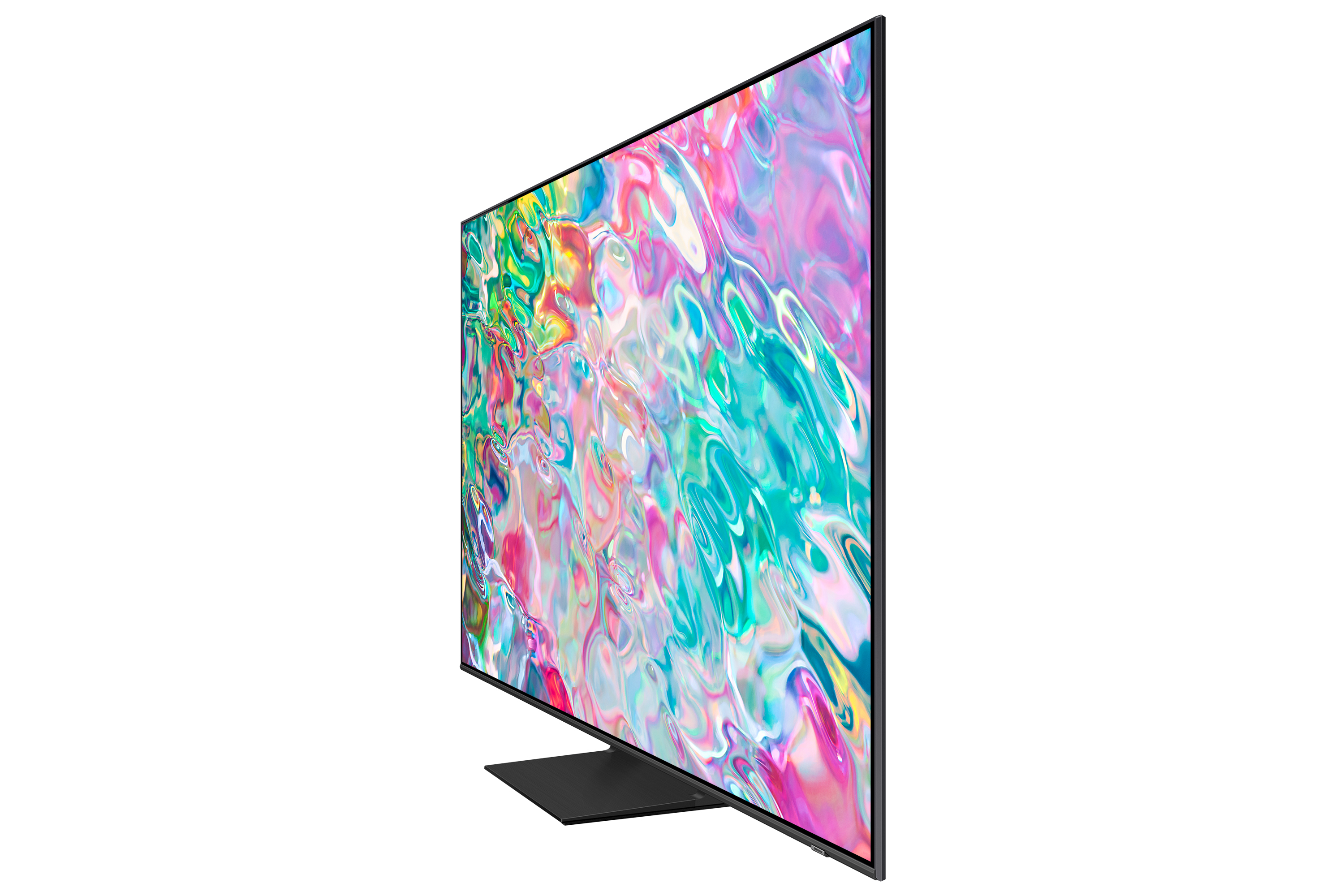 Czarny telewizor, widok z boku, pokazujący kolorowy, abstrakcyjny ekran.