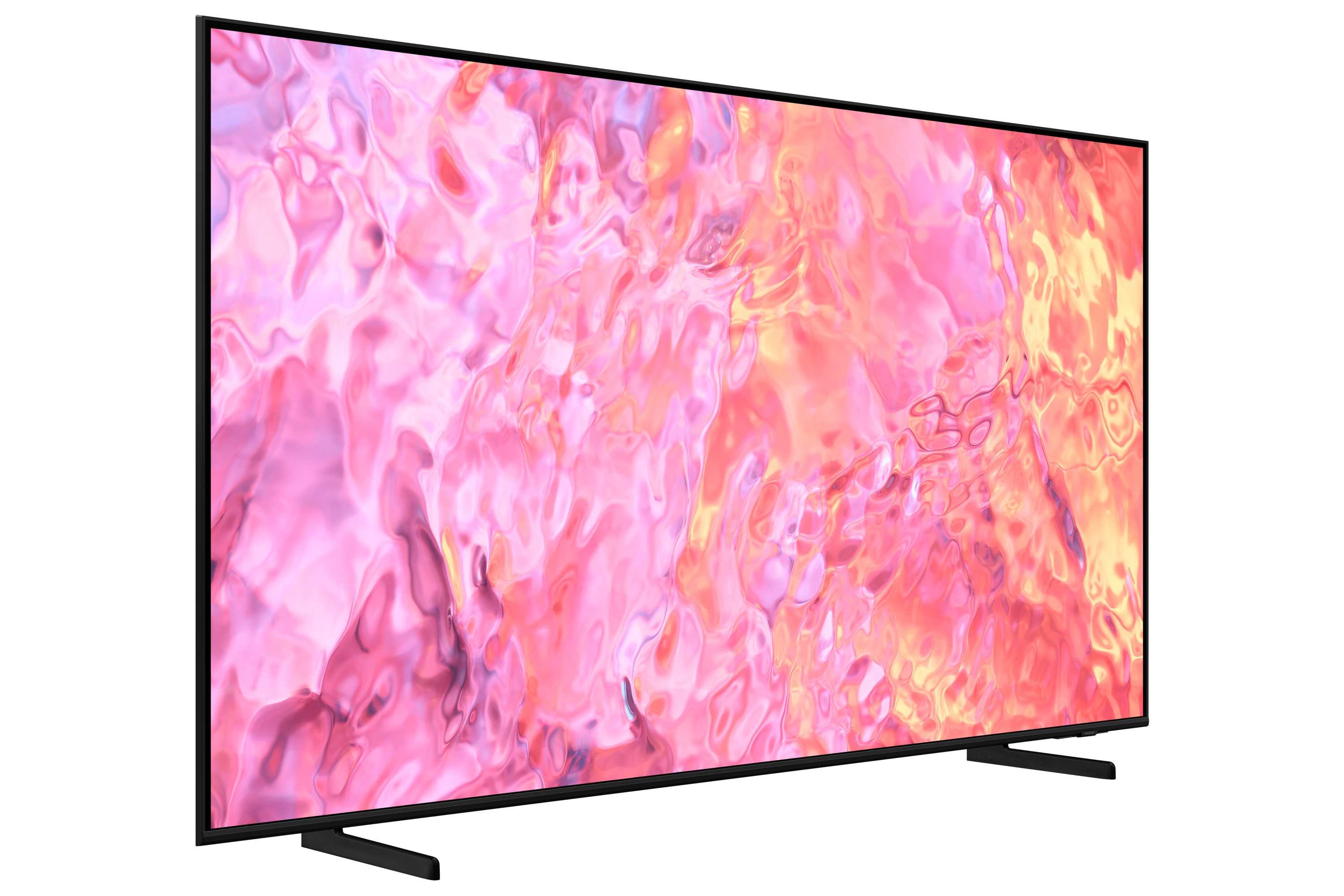 Un televisor de pantalla plana grande con una imagen abstracta rosa y blanca. El televisor está sobre soportes negros.