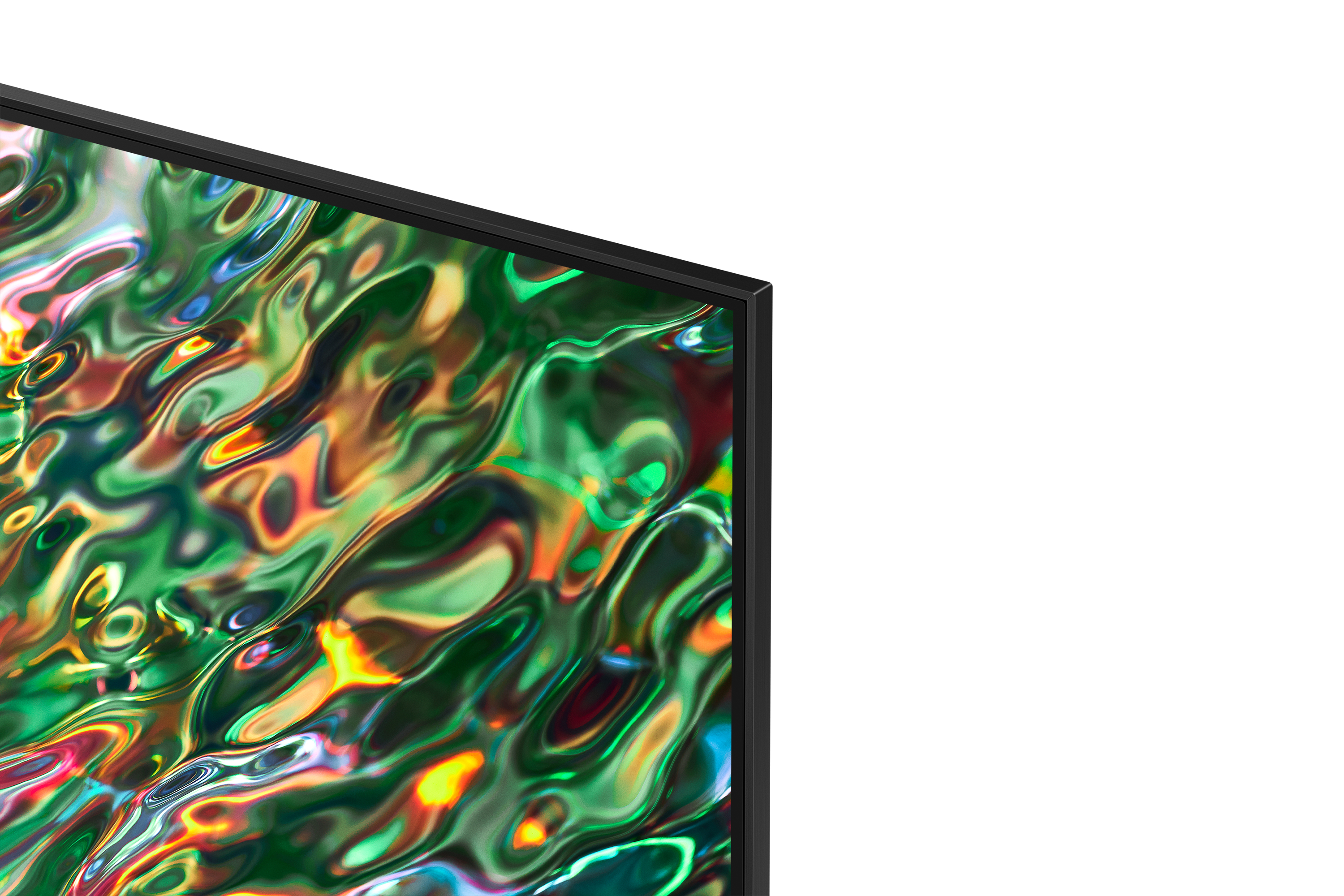 Zbliżenie rogu ekranu telewizora. Wyświetla abstrakcyjne żółte i zielone wzory.