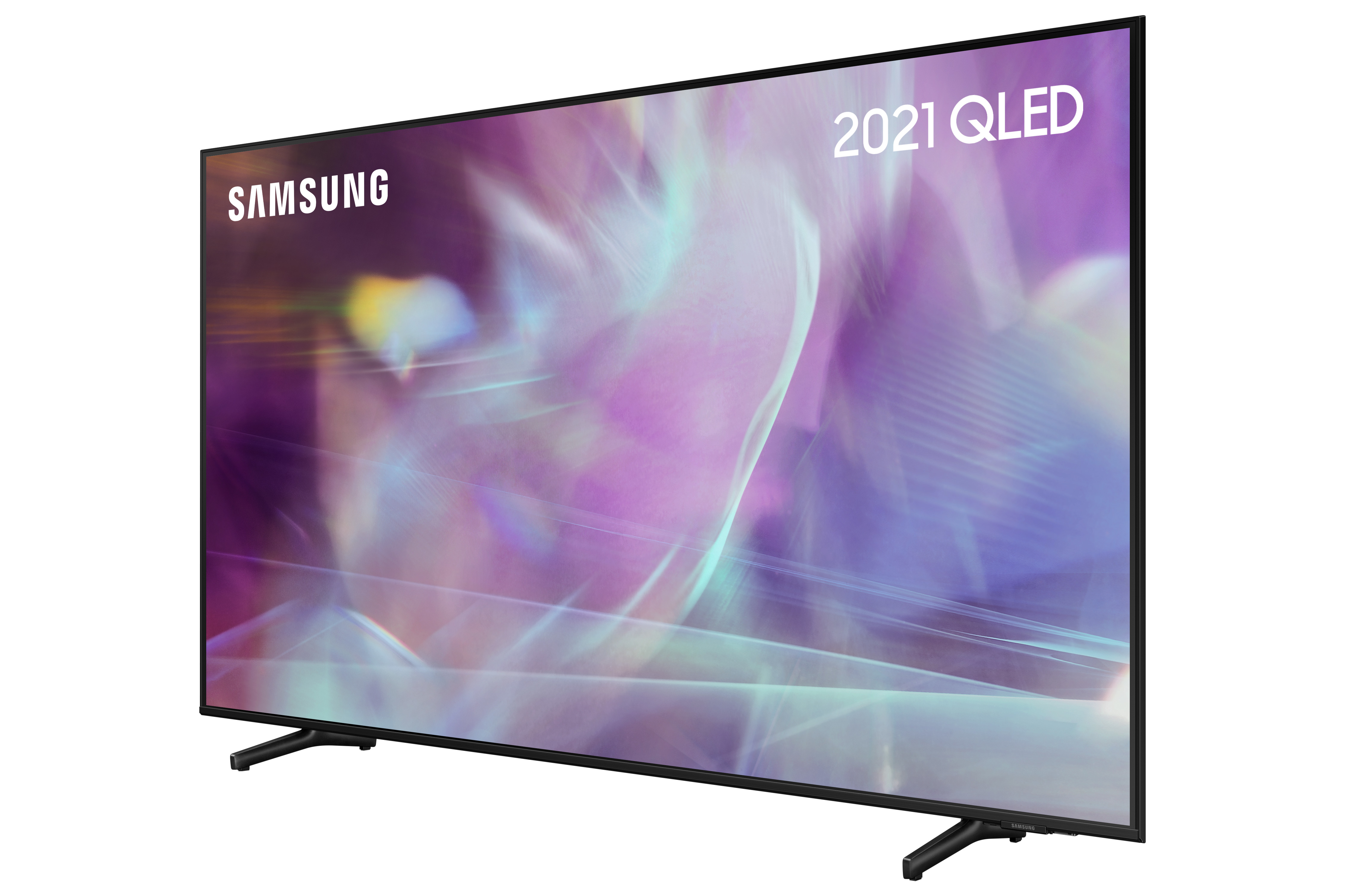 Telewizor Samsung QLED. Czarna ramka, logo Samsung i wyświetlacz '2021 QLED'.