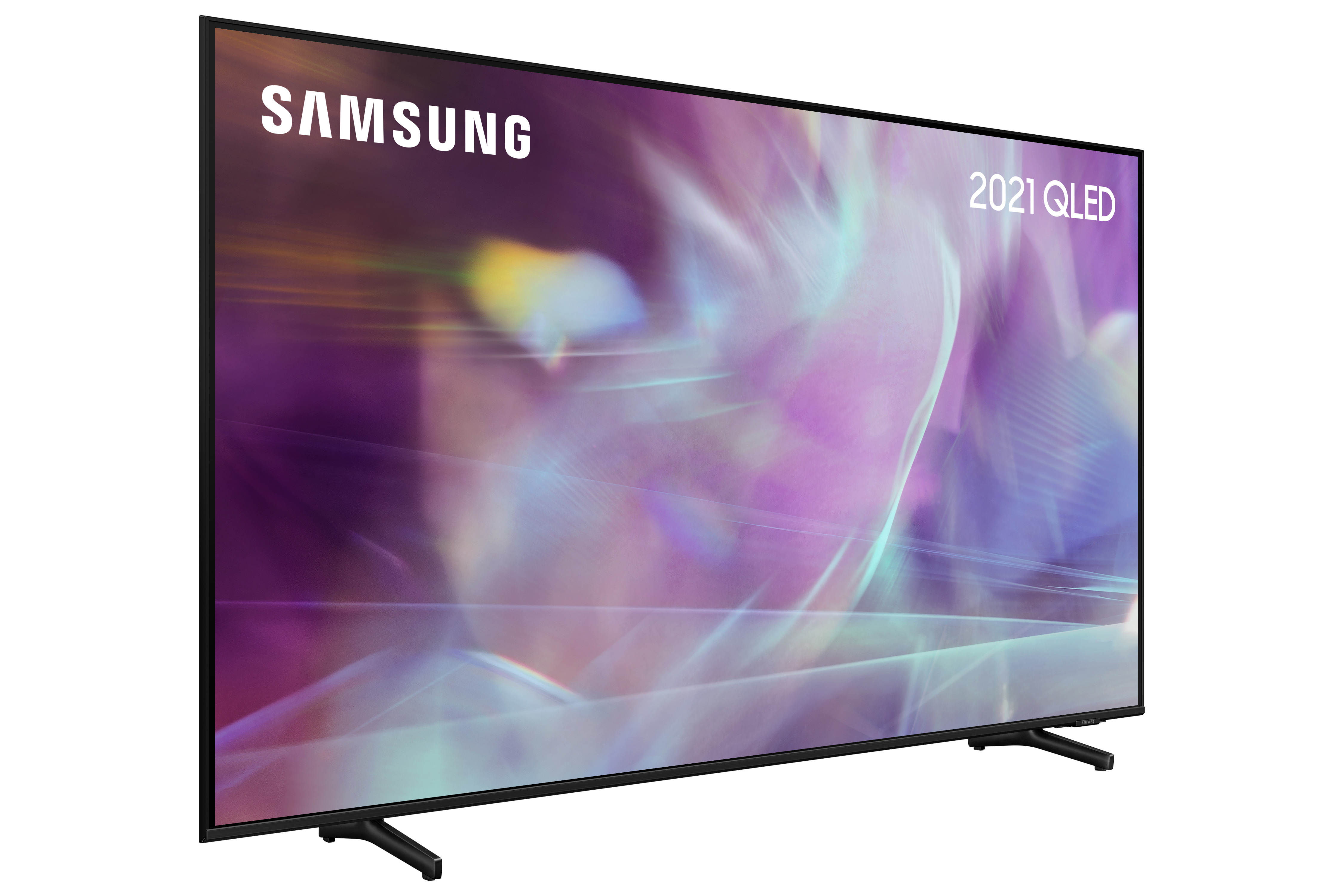 Telewizor Samsung 2021 QLED, pochylony w prawo. Ekran wyświetla fioletowy i różowy abstrakcyjny wzór.