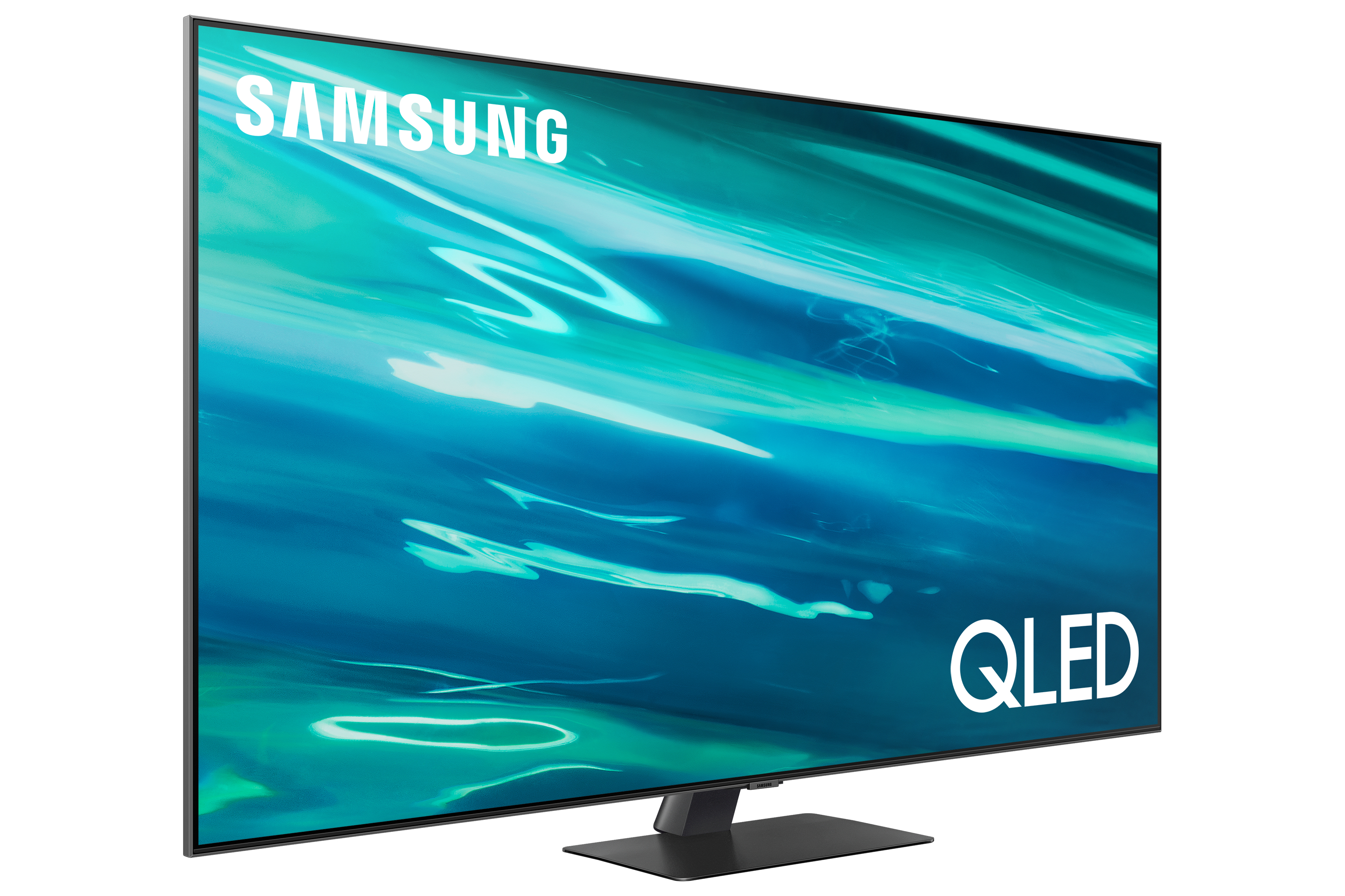 Telewizor Samsung QLED pod kątem, z turkusowym, wodnistym tłem i słowem "SAMSUNG" u góry.