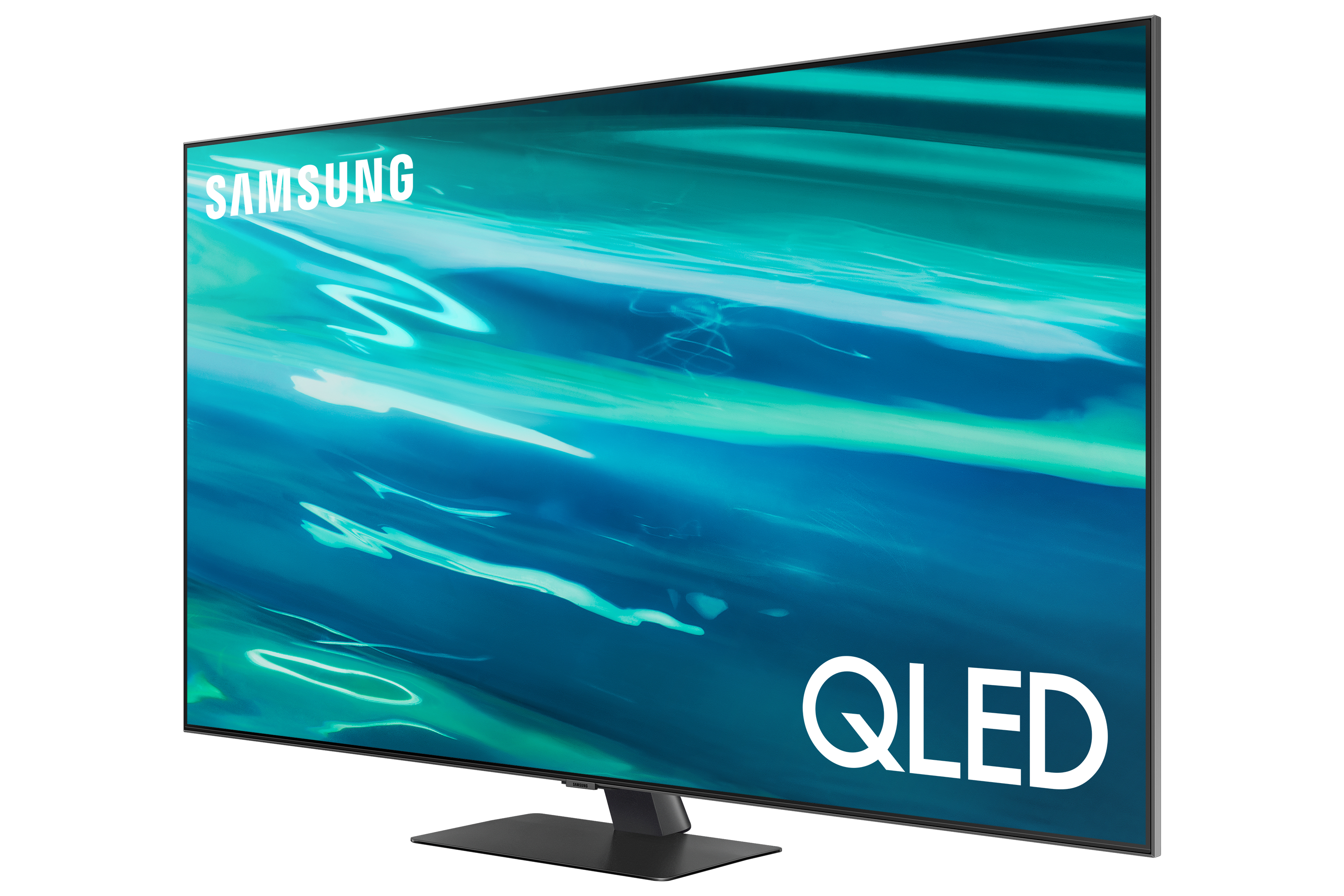 Telewizor Samsung QLED pod kątem, pokazujący żywy, abstrakcyjny, niebiesko-zielony ekran.