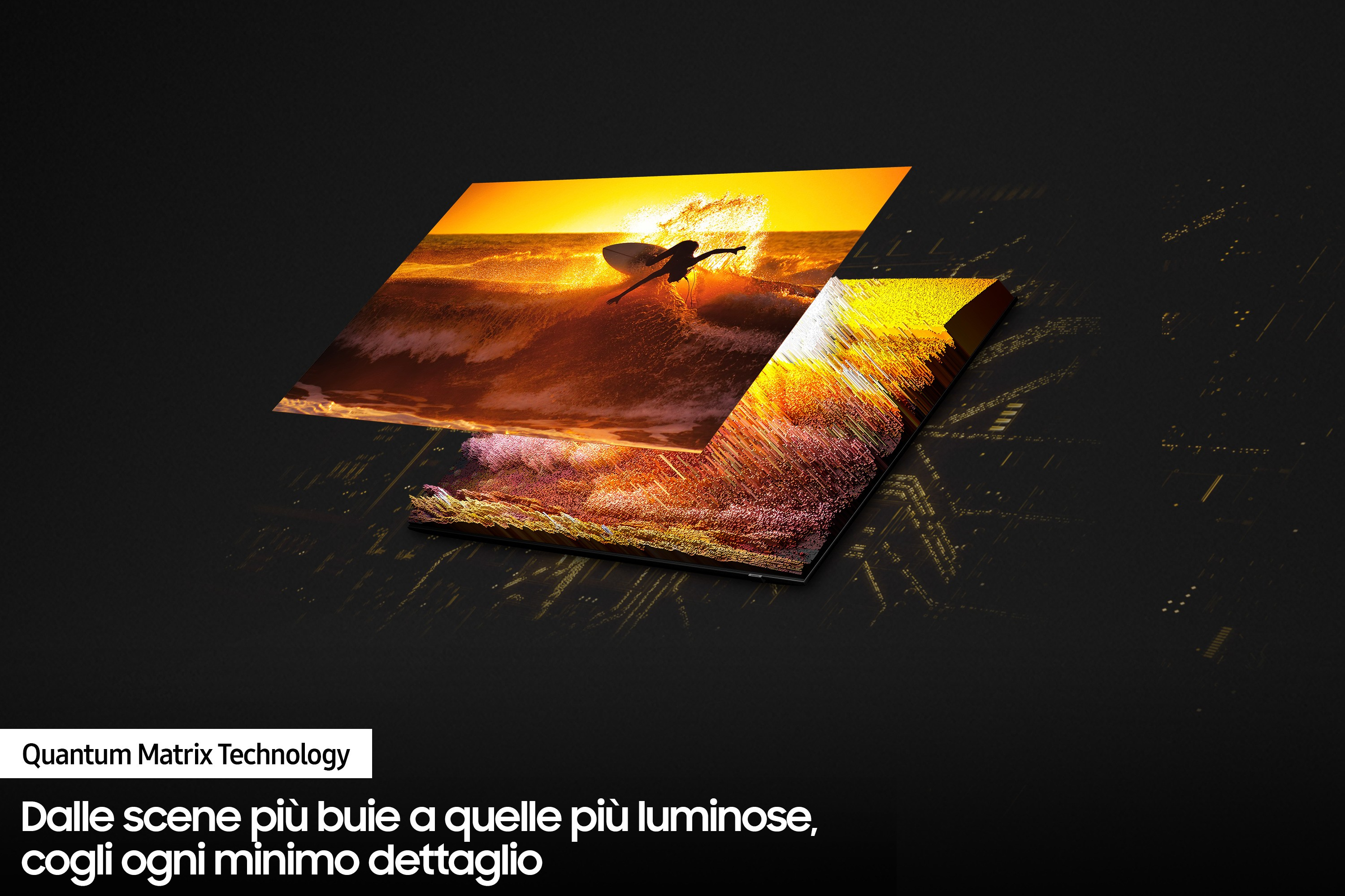 Due schermi che mostrano un tramonto e un surfista, testo 'Quantum Matrix Technology'.