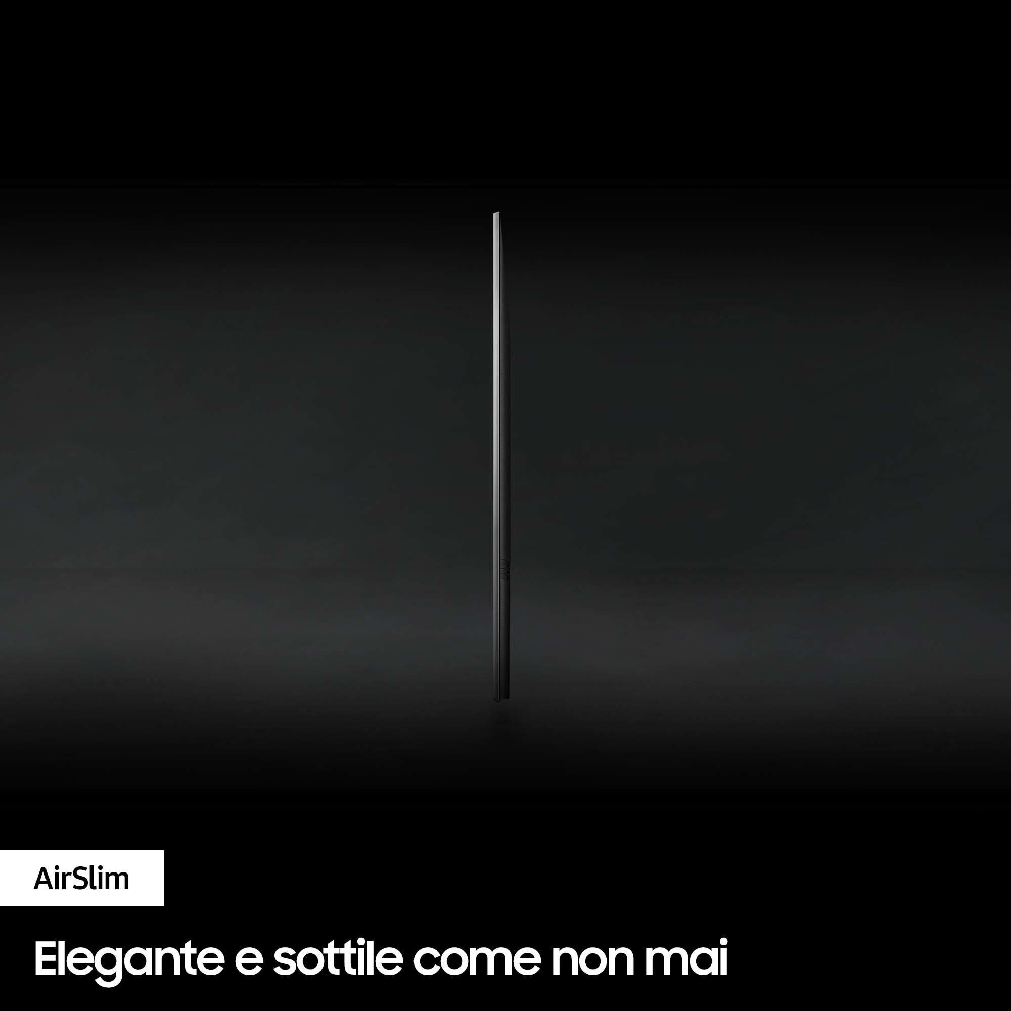 Widok z boku eleganckiego, czarnego telewizora. Tekst mówi 'Elegancki i smukły jak nigdy dotąd'.