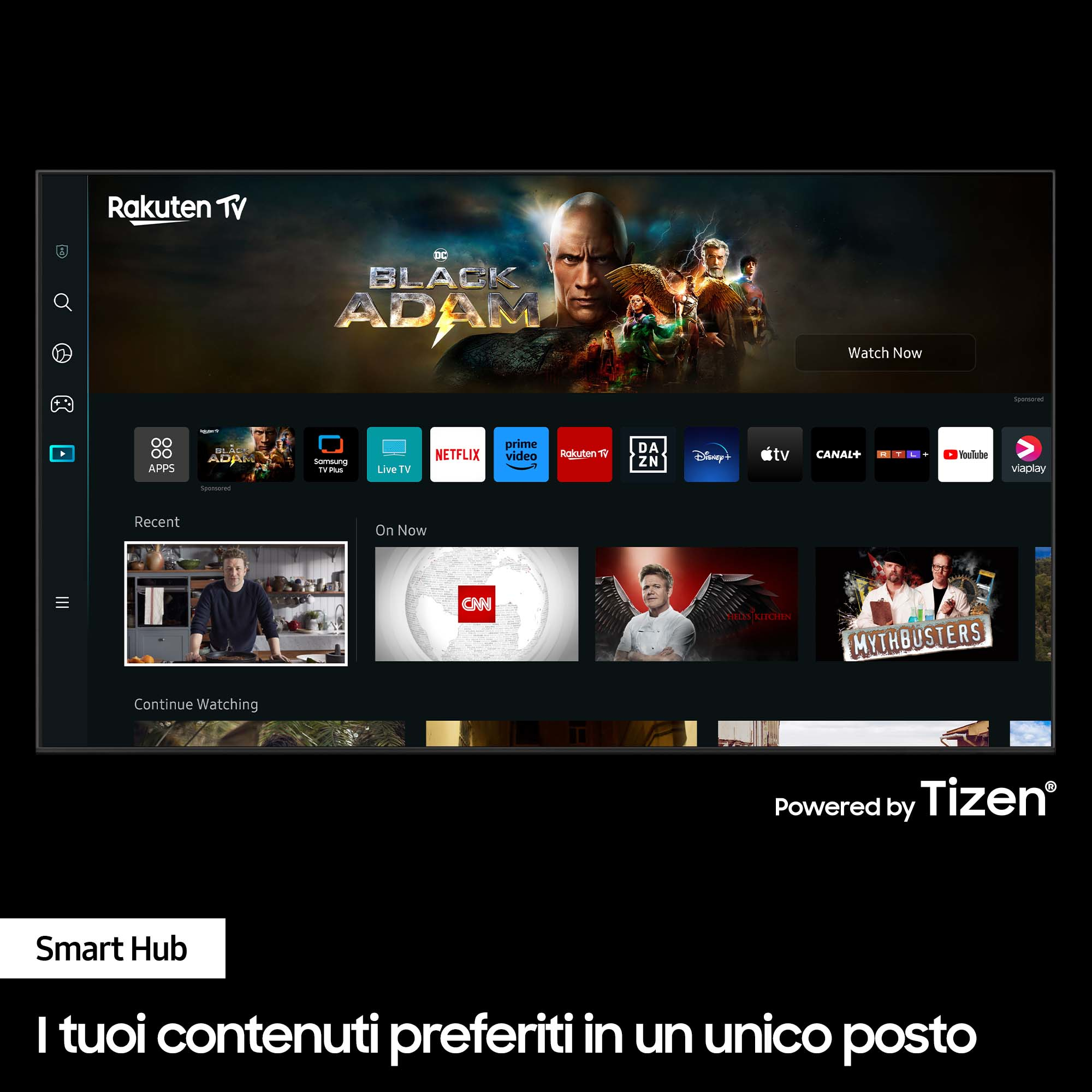Interfejs telewizora Samsung z Rakuten TV i filmem Black Adam.