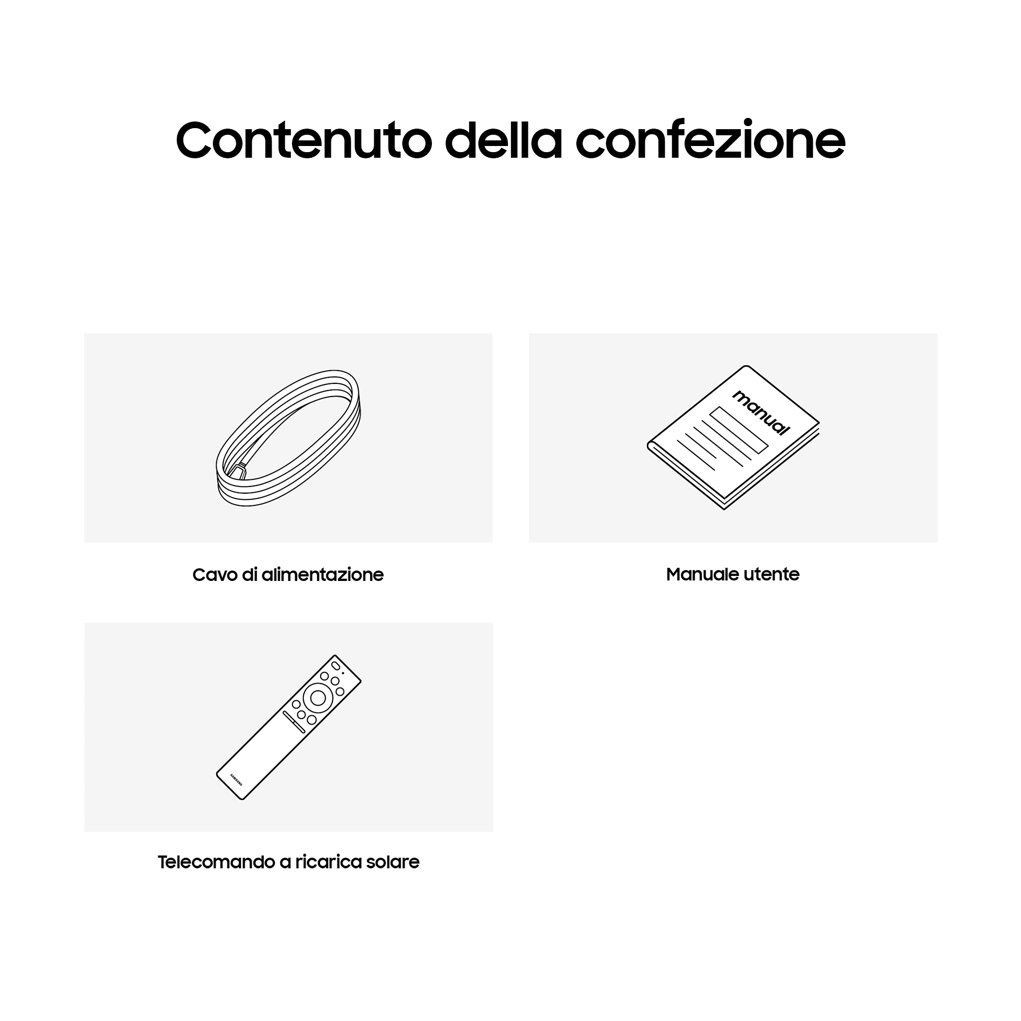 Contenuto della confezione, che mostra cavo di alimentazione, manuale utente e telecomando solare.
