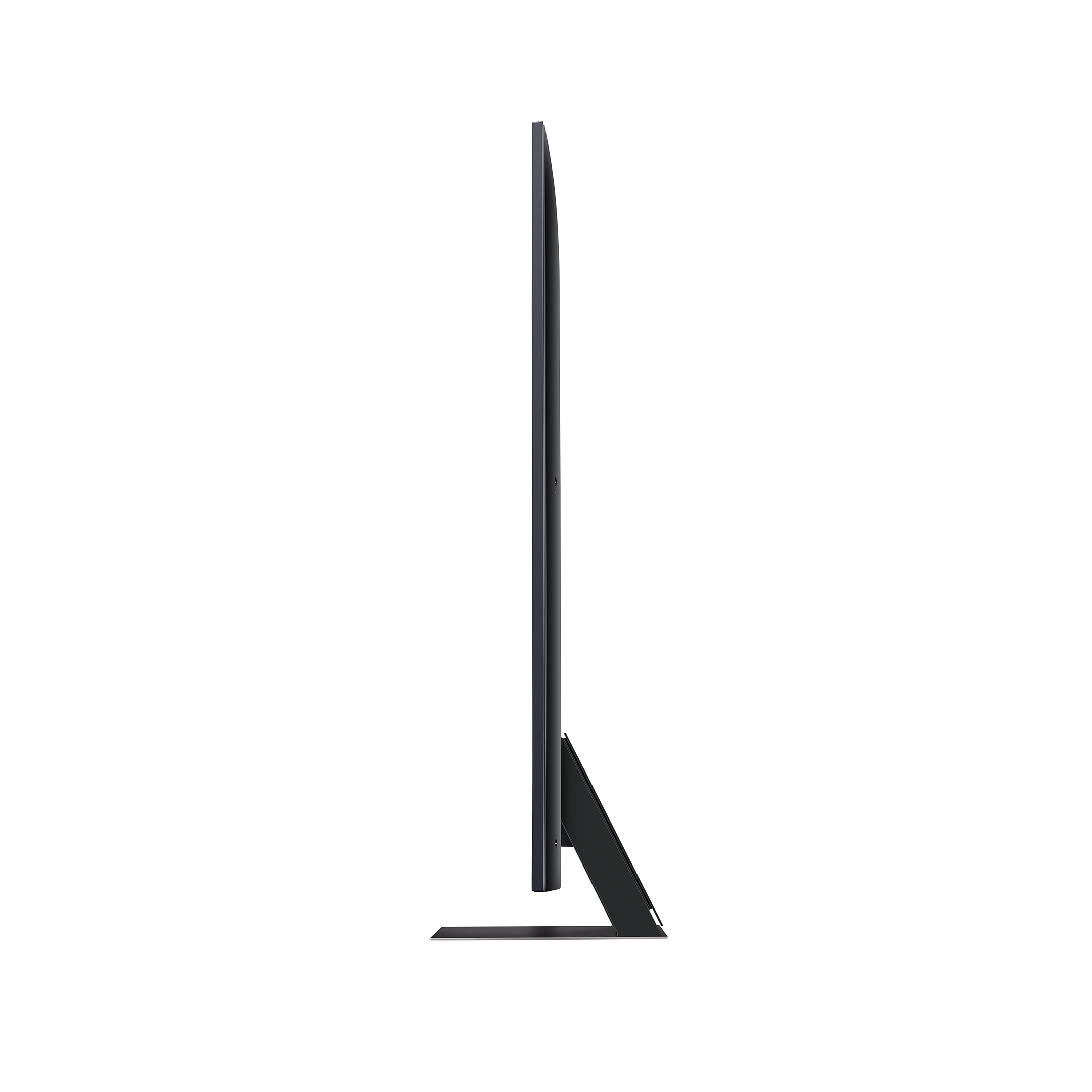 Un televisor negro y delgado visto de lado, mostrando un diseño moderno y limpio.