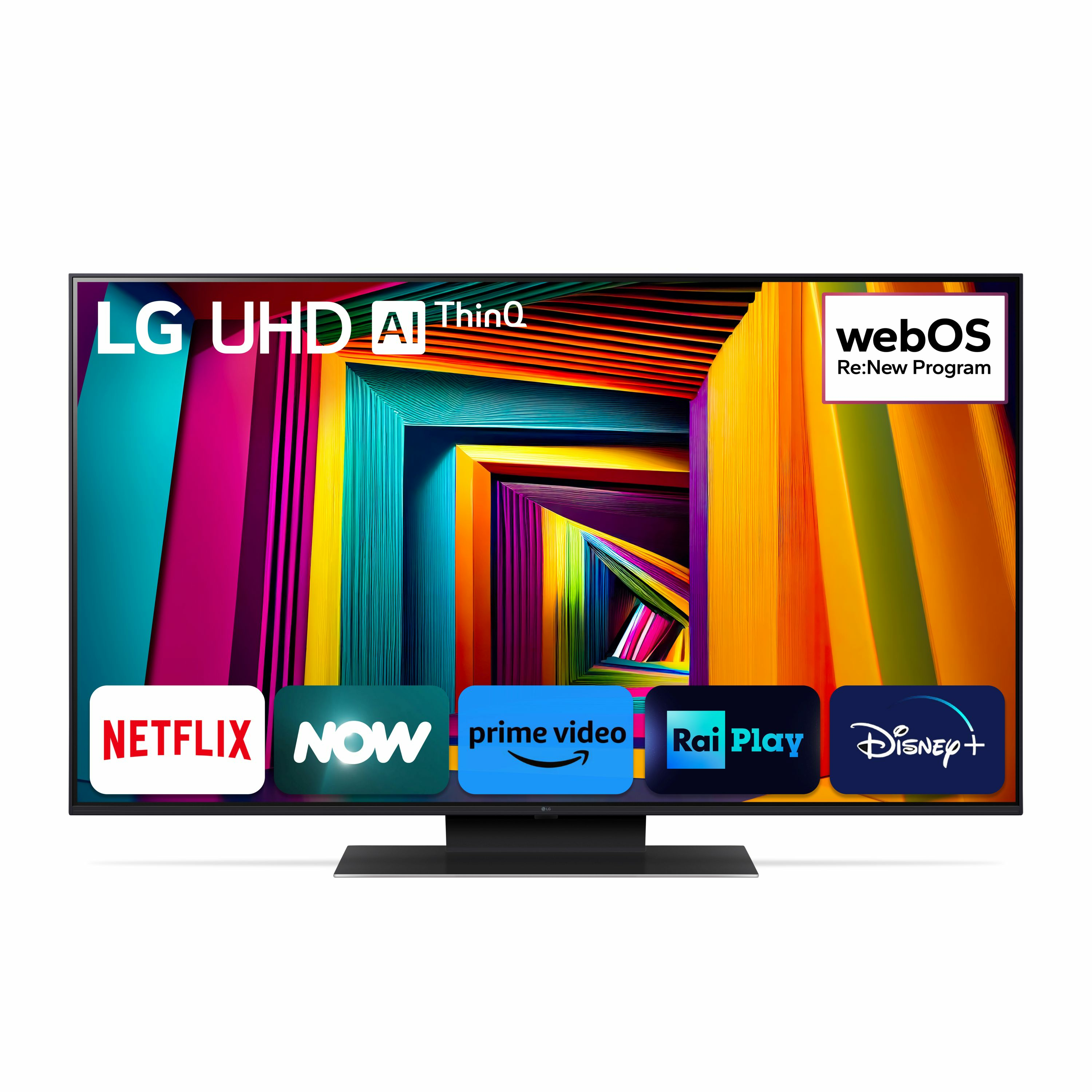 Televisor con iconos de servicios de streaming en la pantalla. El fondo es un diseño abstracto colorido.