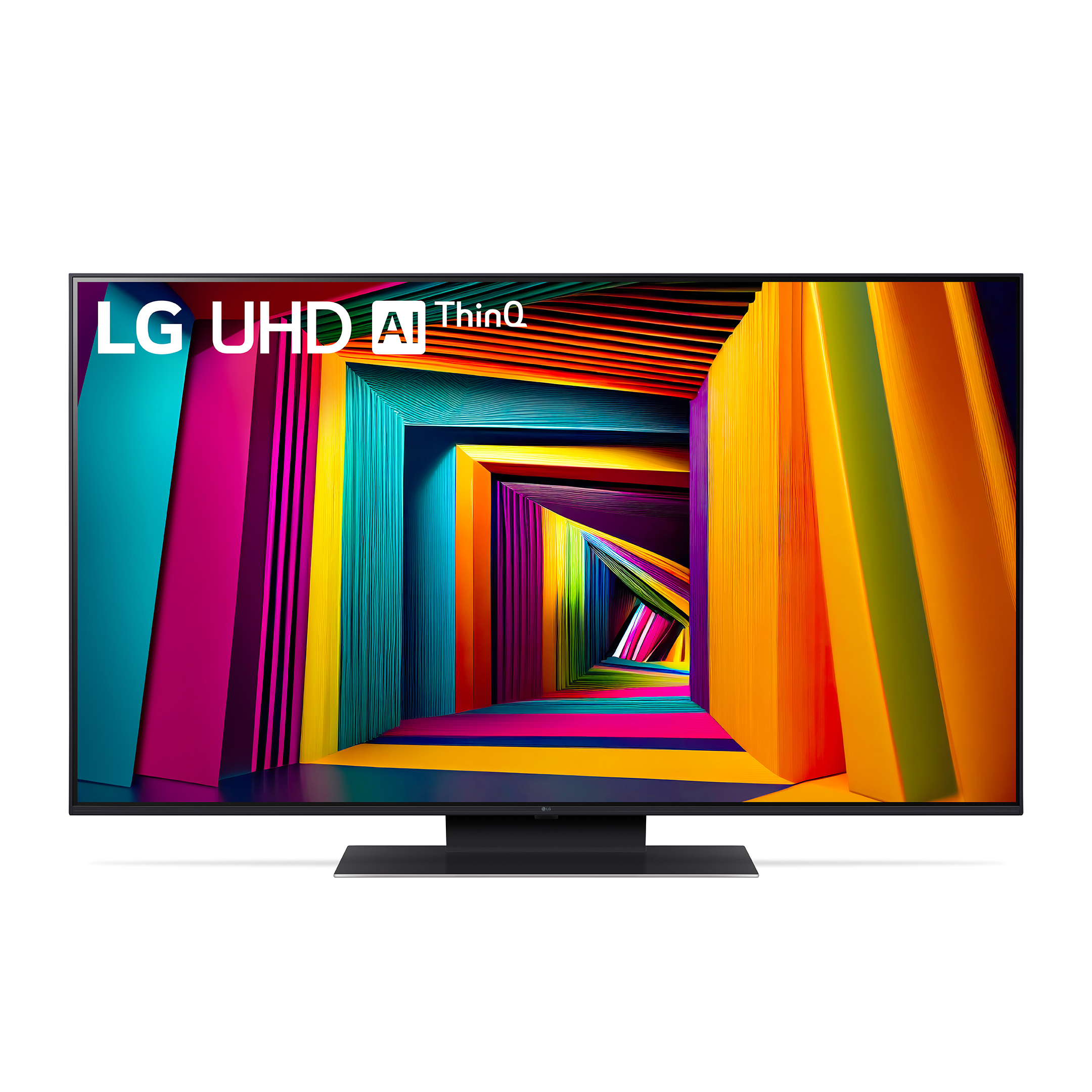 Televisor LG UHD AI ThinQ mostrando una imagen abstracta vibrante con un soporte negro.