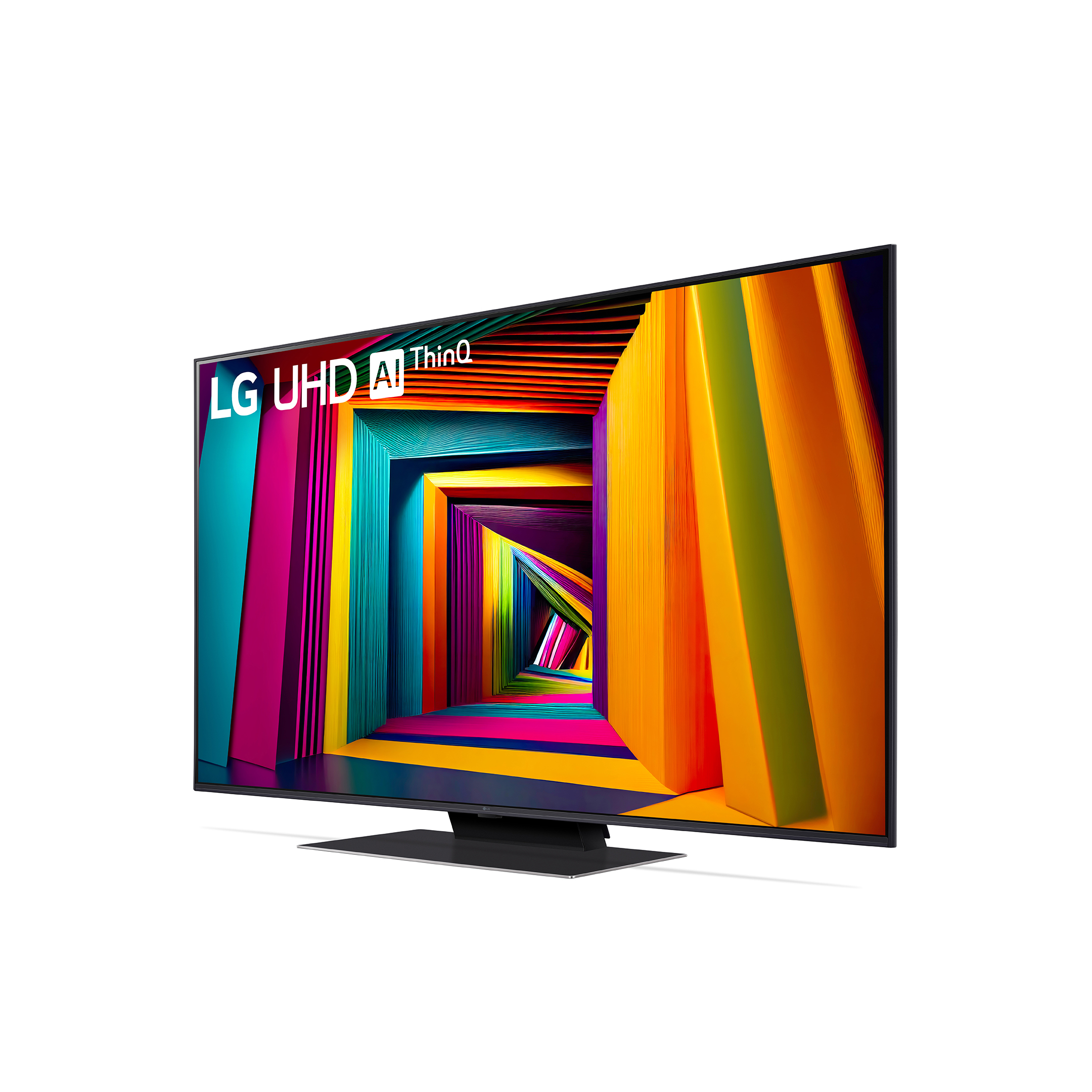 TV LG con arte abstracto colorido; marco blanco y soporte negro; fondo blanco.