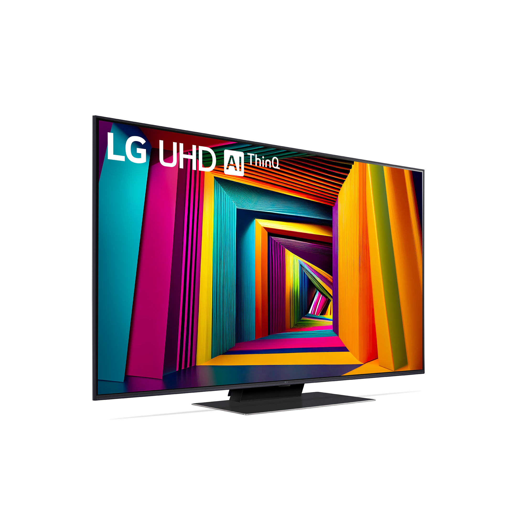Un televisor LG UHD AI ThinQ con una imagen colorida de rayas sobre un fondo blanco. El televisor tiene patas negras.