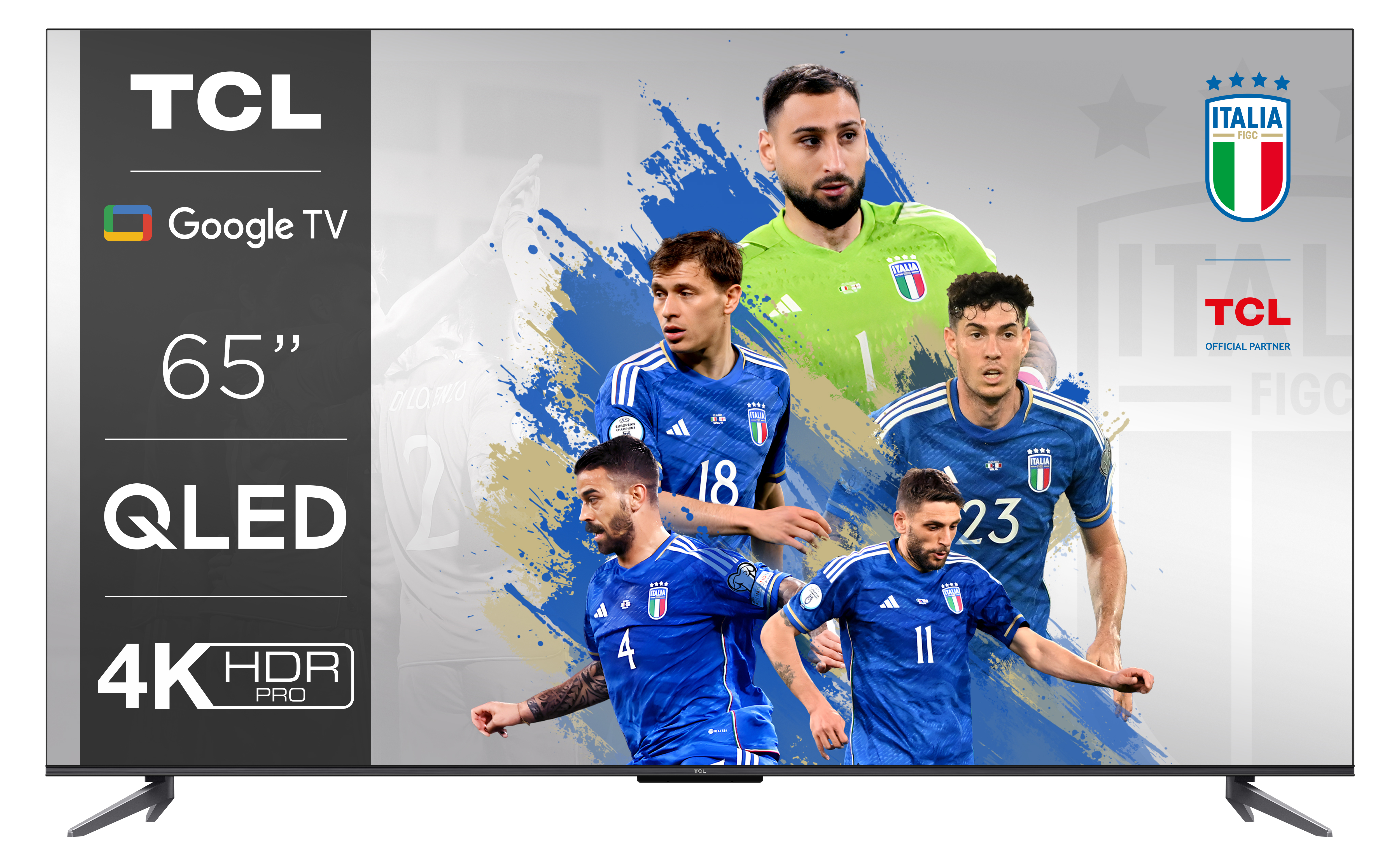 Un televisor TCL muestra jugadores de la selección italiana. 65", 4K HDR Pro. Logotipo de Google TV visible.