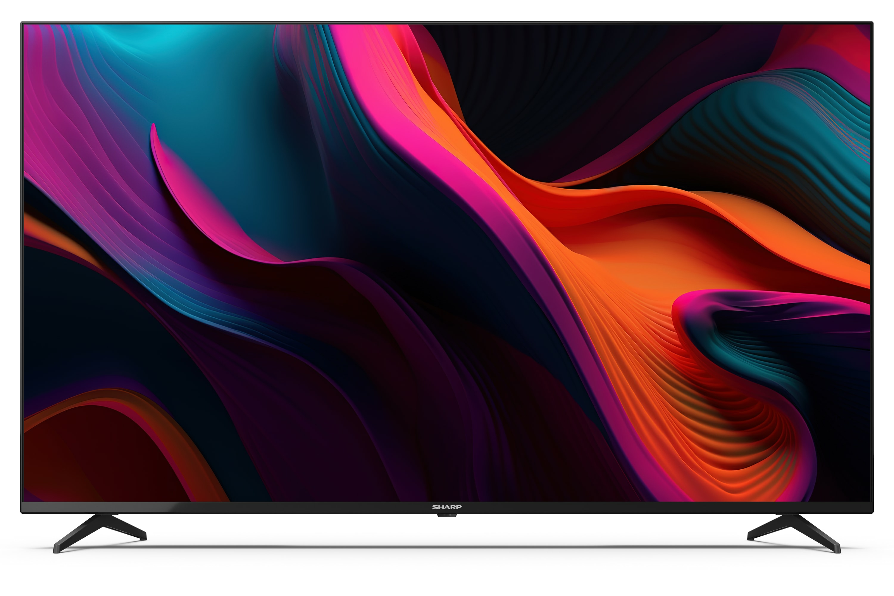 TV Sharp con display d'arte astratta colorata. Cornice nera, gambe nere. Lo schermo ha colori arancione, verde acqua, rosa e viola.