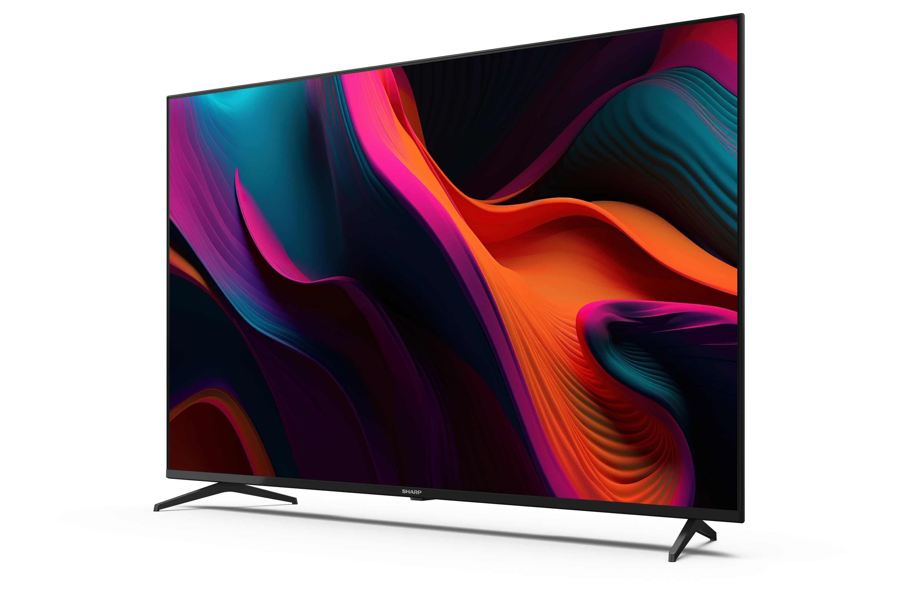 Una TV widescreen con un display astratto colorato, supporto nero, sfondo bianco.