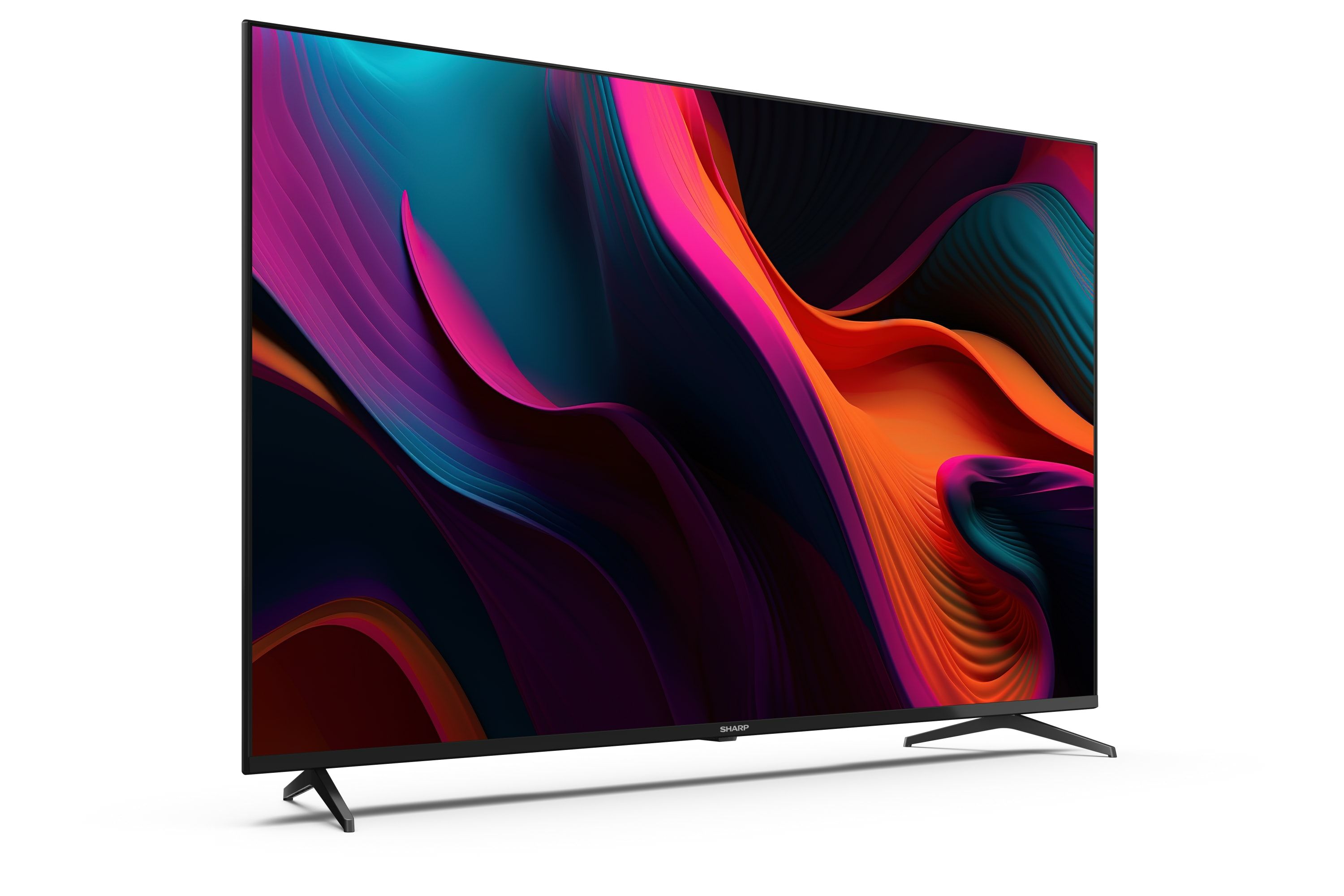 Vista angolata di una TV Sharp con un display astratto colorato.