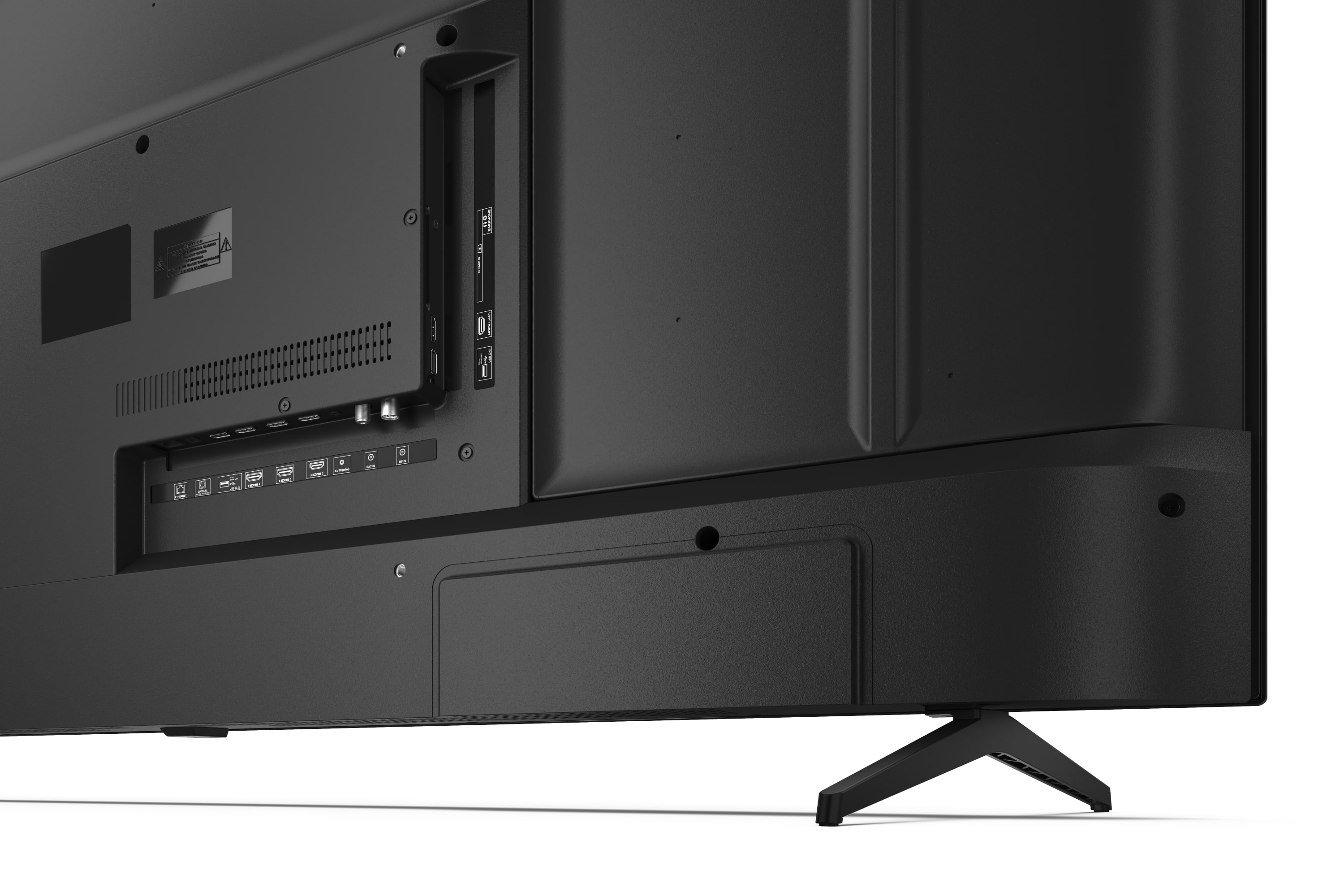 Primo piano del retro di una TV nera che mostra porte e un supporto.