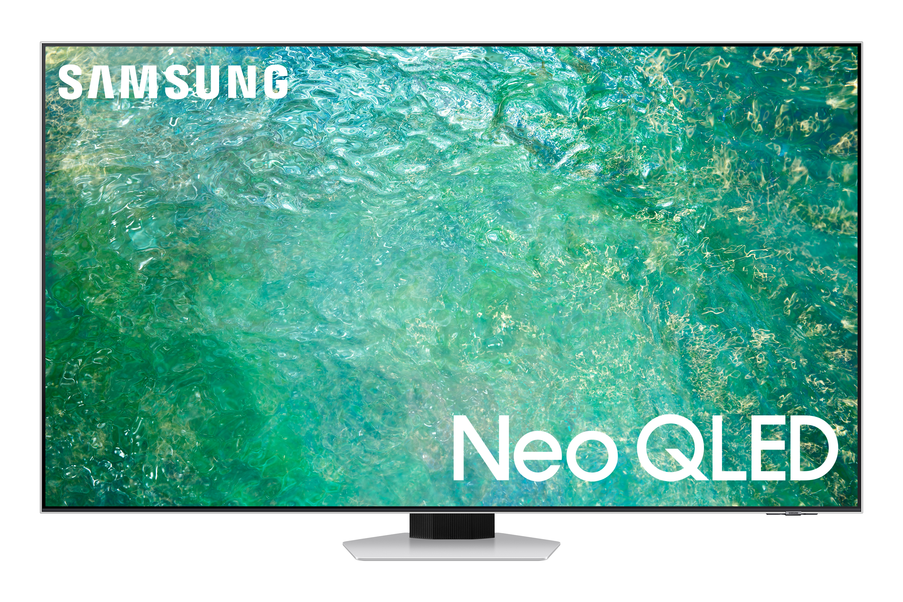 Telewizor Samsung Neo QLED. Duży ekran z wodnym obrazem. Srebrna podstawa i ramka.
