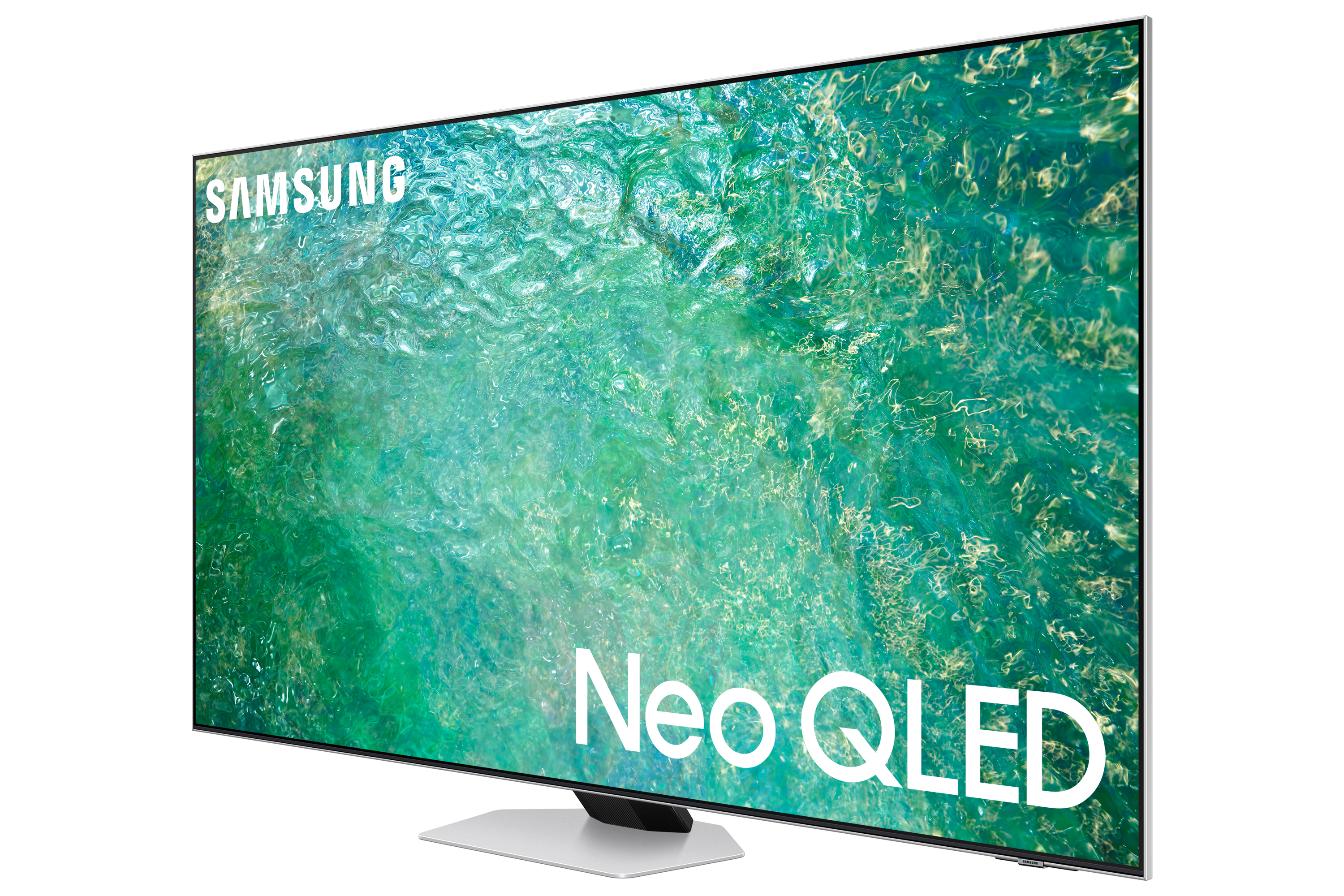 Duży telewizor Samsung Neo QLED na białym stojaku, widok z boku.