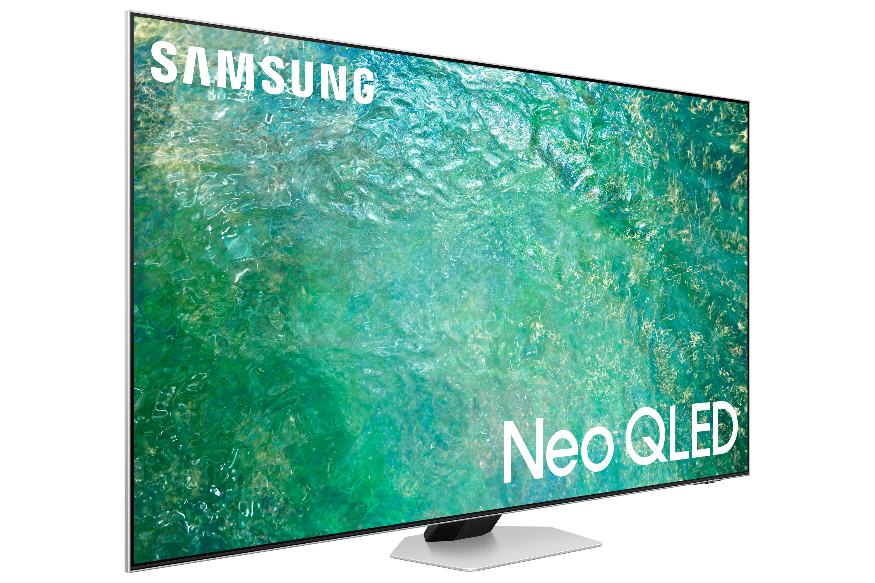 Telewizor Samsung Neo QLED na białym tle. Ekran wyświetla zielono-niebieską scenę.